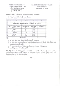 Trang đầu Đề thi Giữa kì 2 Tin học 7 năm 2025-2026 trường THCS Ngọc Lâm (Hà Nội)