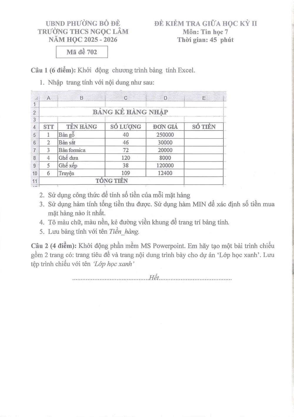 Đề thi Giữa kì 2 Tin học 7 năm 2025-2026 trường THCS Ngọc Lâm (Hà Nội) - trang 3