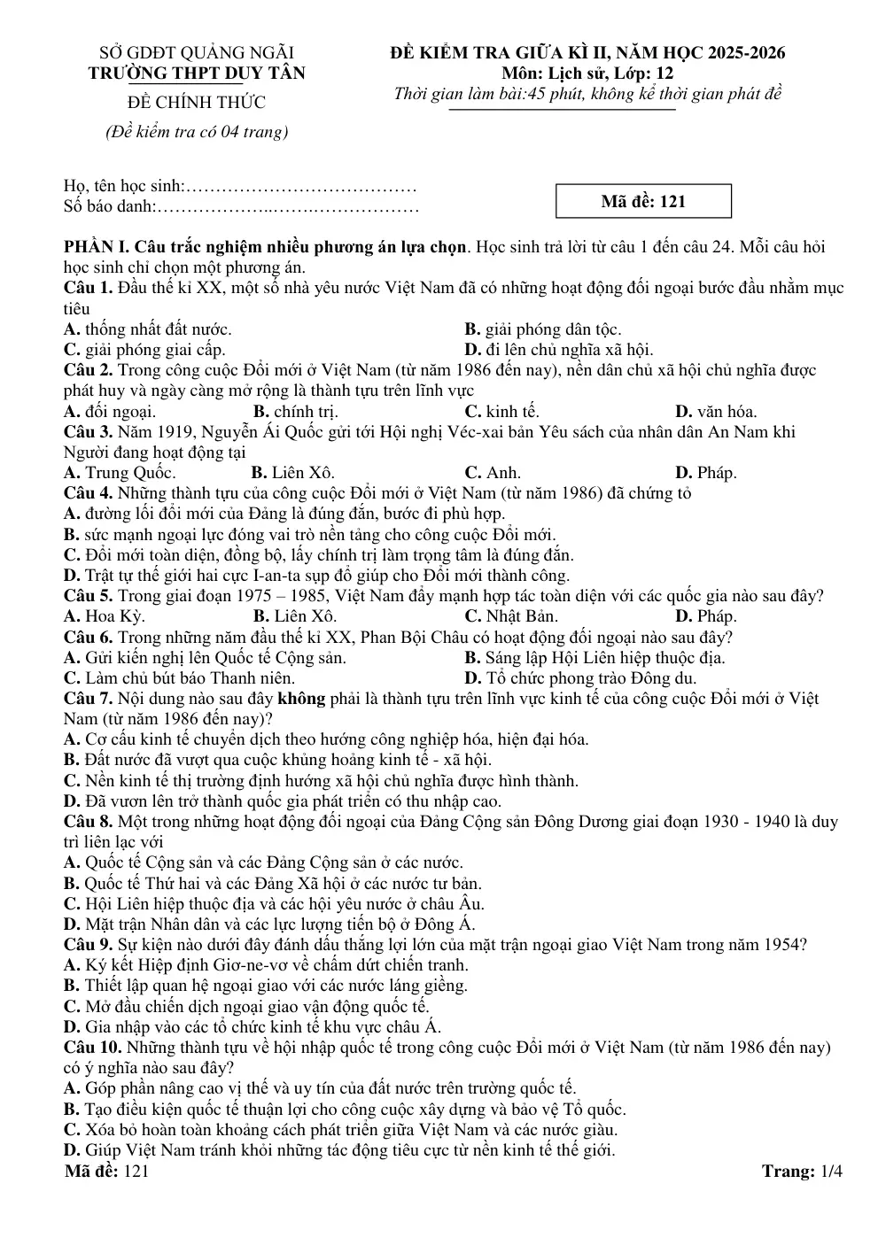 Đề thi Giữa kì 2 Lịch sử 12 năm 2025-2026 trường THPT Duy Tân (Quảng Ngãi) - trang 1