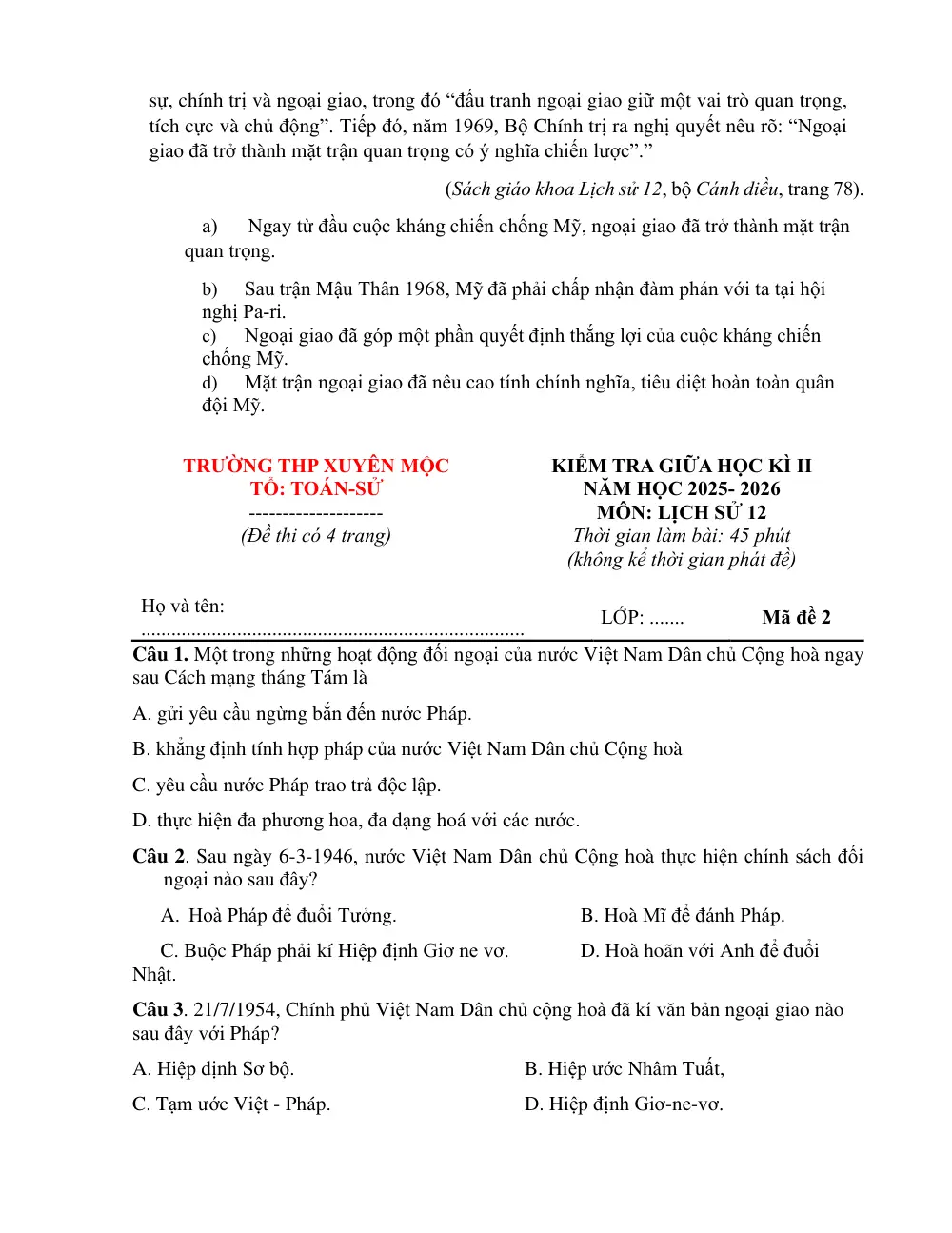 Đề thi Giữa kì 2 Lịch sử 12 năm 2025-2026 trường THPT Xuyên Mộc (TP Hồ Chí Minh) - trang 7