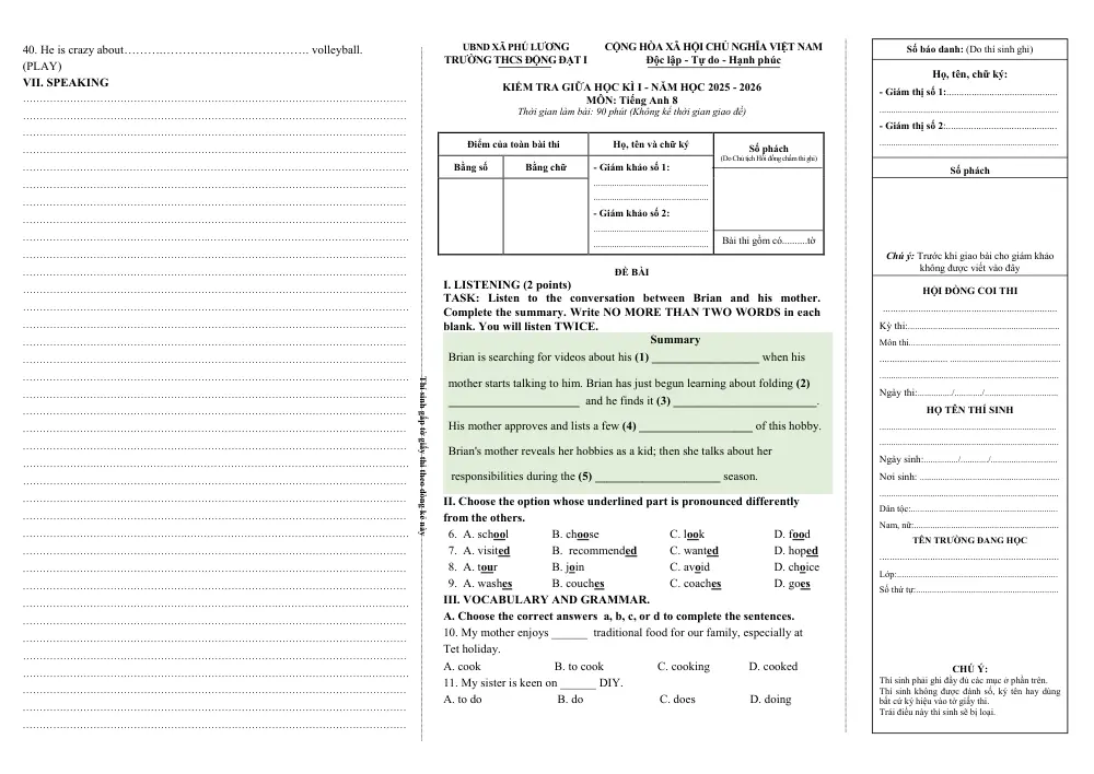 Đề thi Giữa kì 1 Tiếng Anh 8 năm 2025-2026 trường THCS Động Đạt I (Thái Nguyên) - trang 2