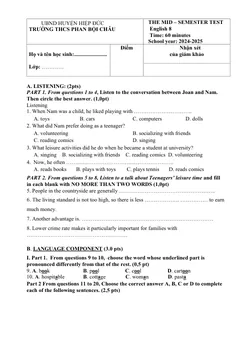 Trang đầu Đề thi Giữa kì 1 Tiếng Anh 8 năm 2024-2025 trường THCS Phan Bội Châu (Quảng Nam)