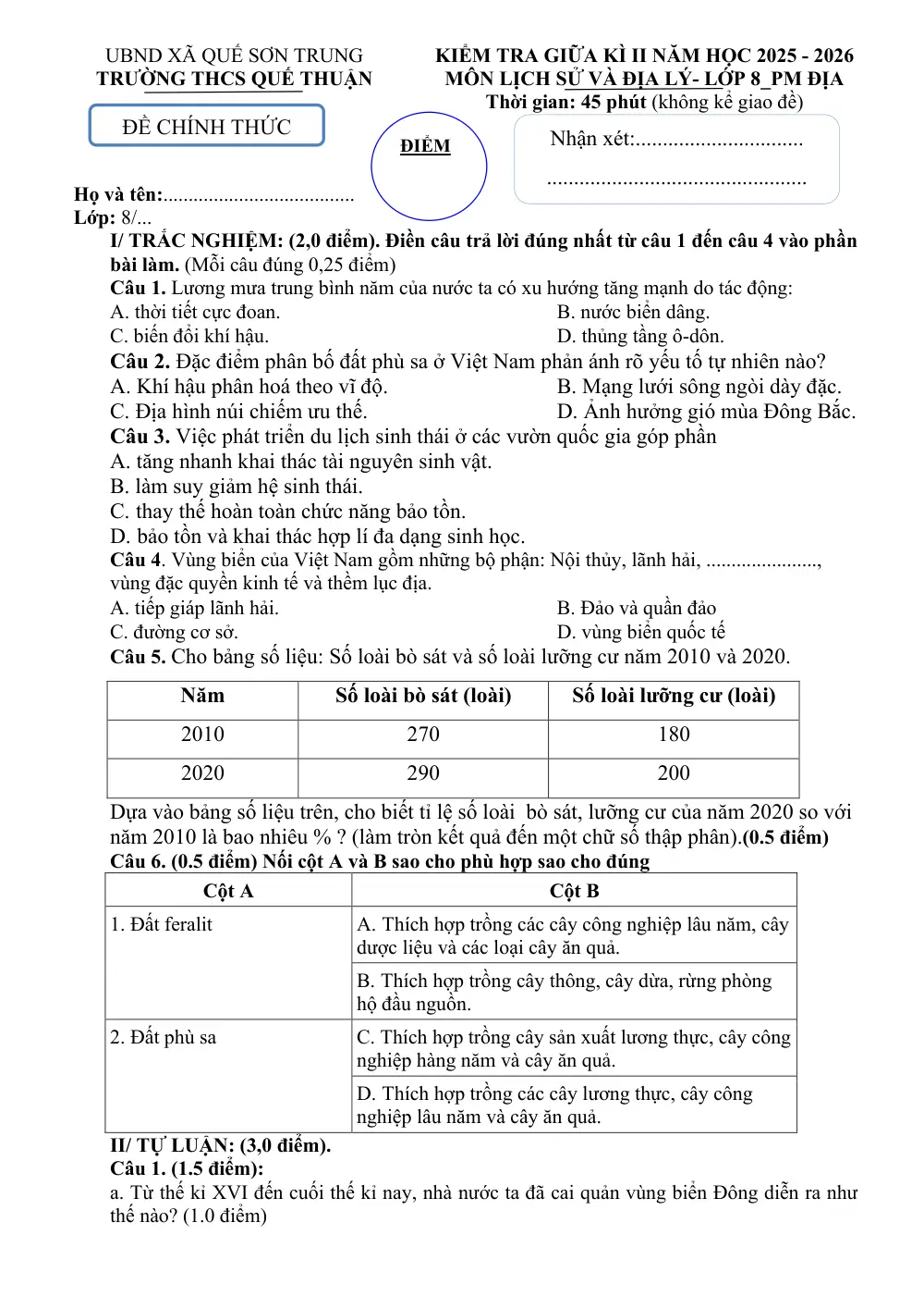 Đề thi Giữa kì 2 Lịch sử và Địa lí 8 năm 2025-2026 trường THCS Quế Thuận (Đà Nẵng) - trang 3