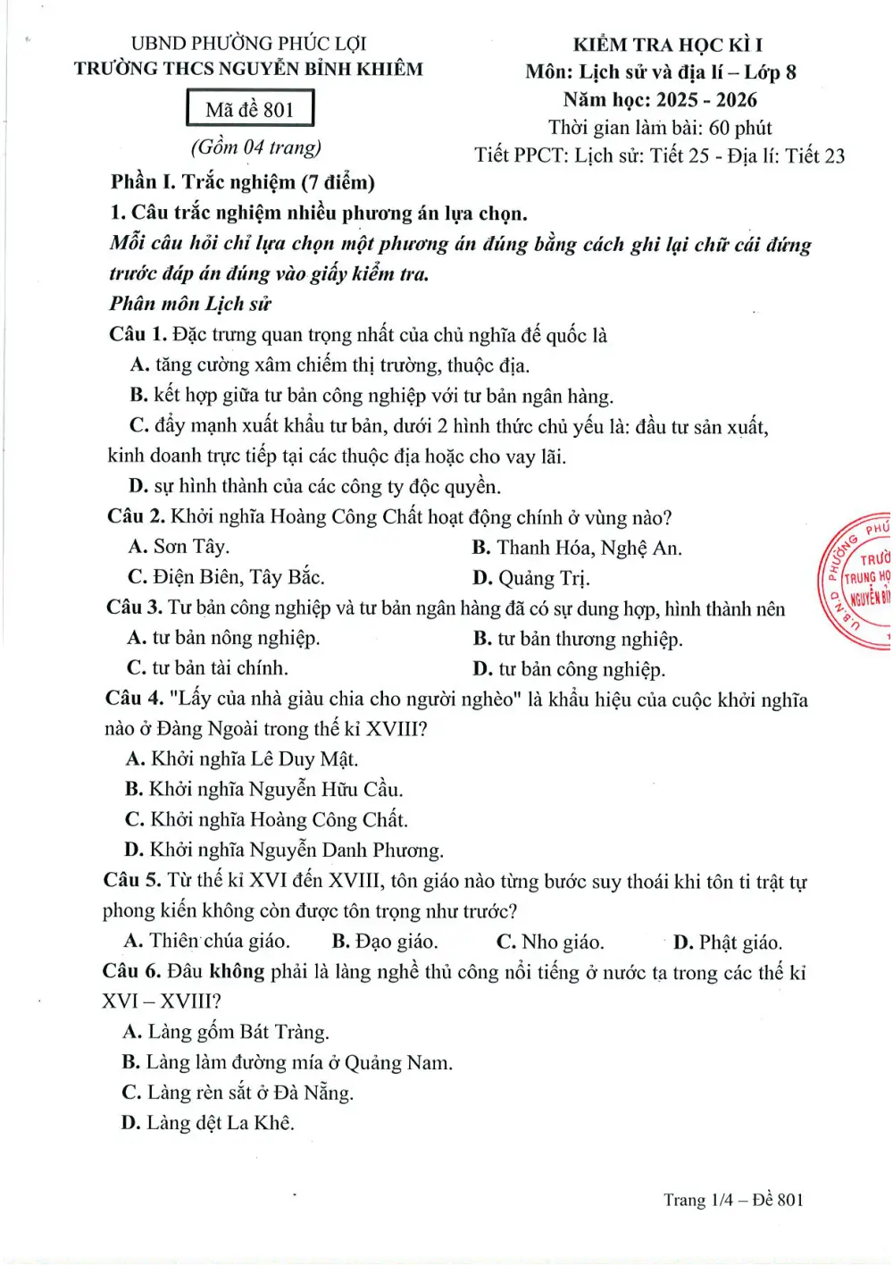 Đề thi Học kì 1 Lịch sử và Địa lí 8 năm 2025-2026 trường THCS Nguyễn Bỉnh Khiêm (Hà Nội) - trang 1