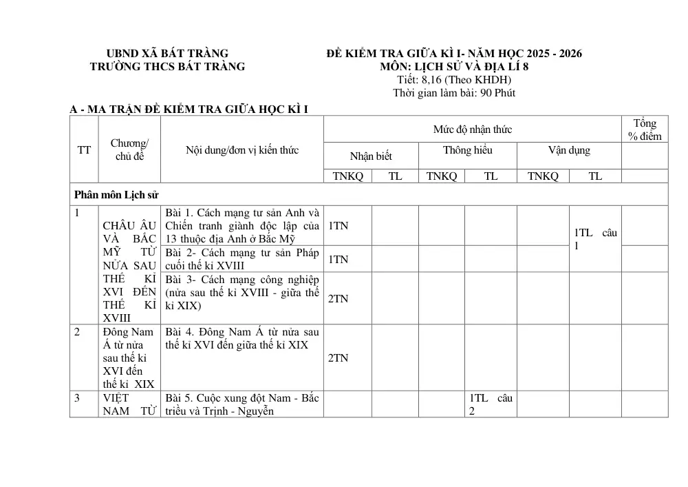 Đề thi Giữa kì 1 Lịch sử và Địa lí 8 năm 2025-2026 trường THCS Bát Tràng (Hà Nội) - trang 1