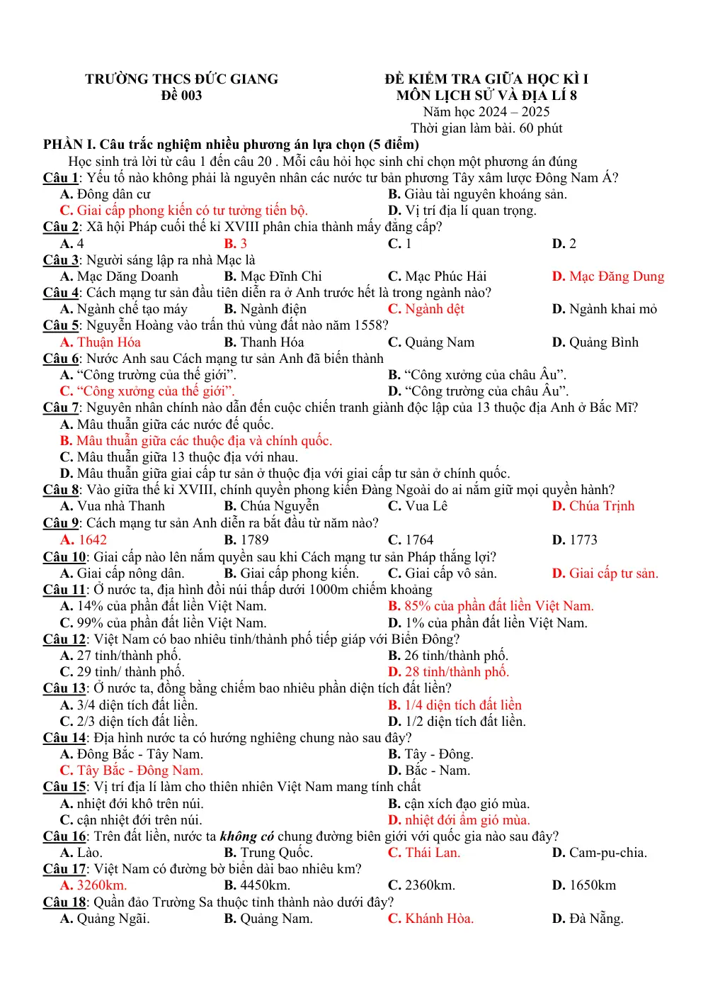 Đề thi Giữa kì 1 Lịch sử và Địa lí 8 năm 2024-2025 trường THCS Đức Giang (Hà Nội) - trang 6