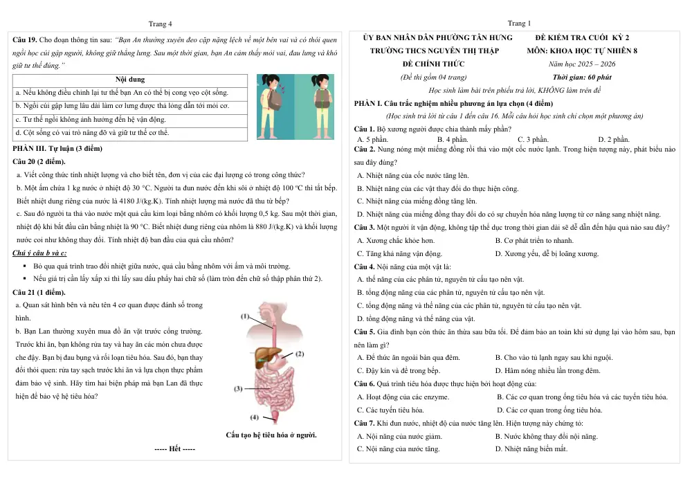 Đề thi Học kì 2 KHTN 8 năm 2025-2026 trường THCS Nguyễn Thị Thập (TP Hồ Chí Minh) - trang 1