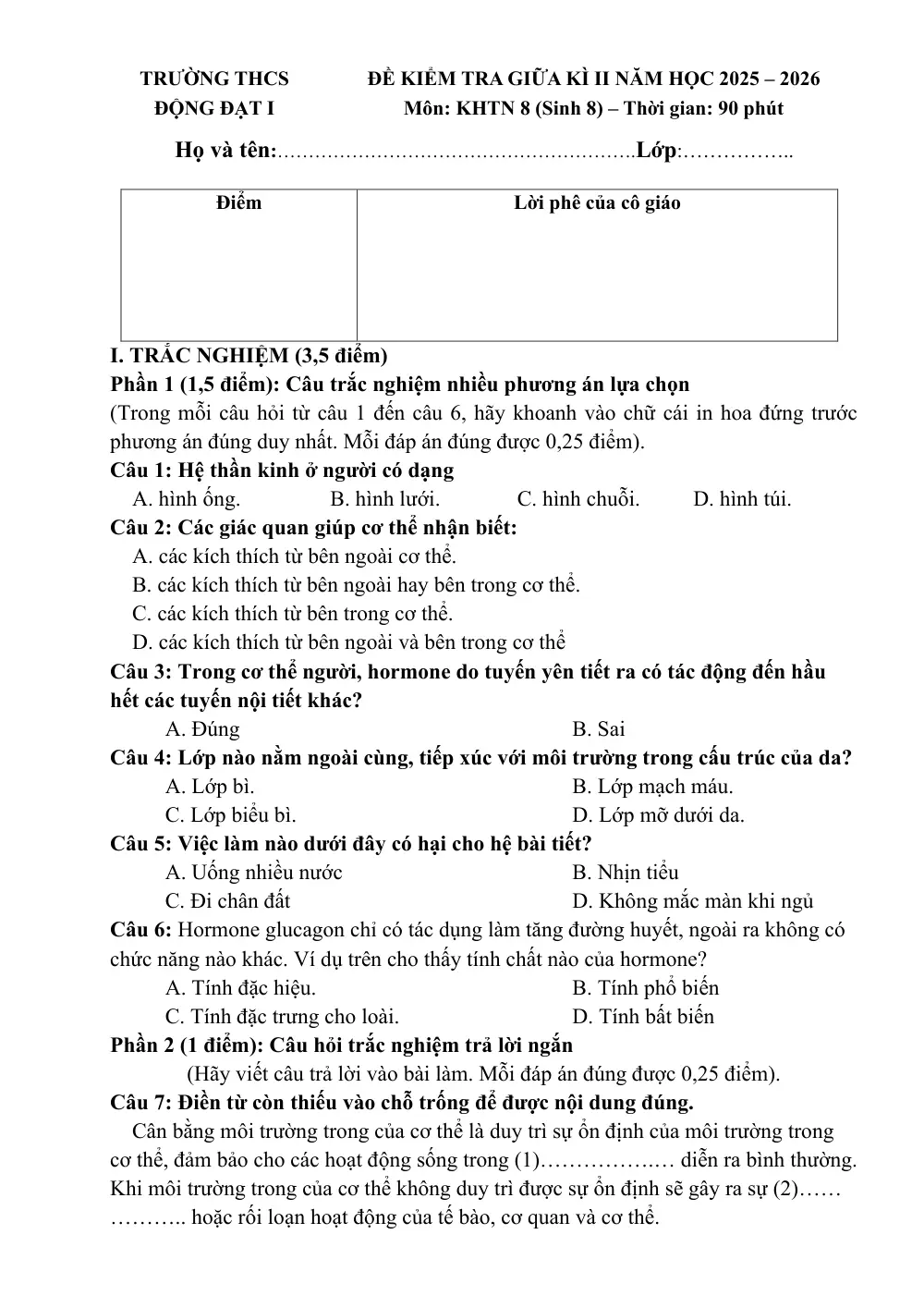 Đề thi Giữa kì 2 KHTN 8 (Sinh học) năm 2025-2026 trường THCS Động Đạt 1 (Thái Nguyên) - trang 1