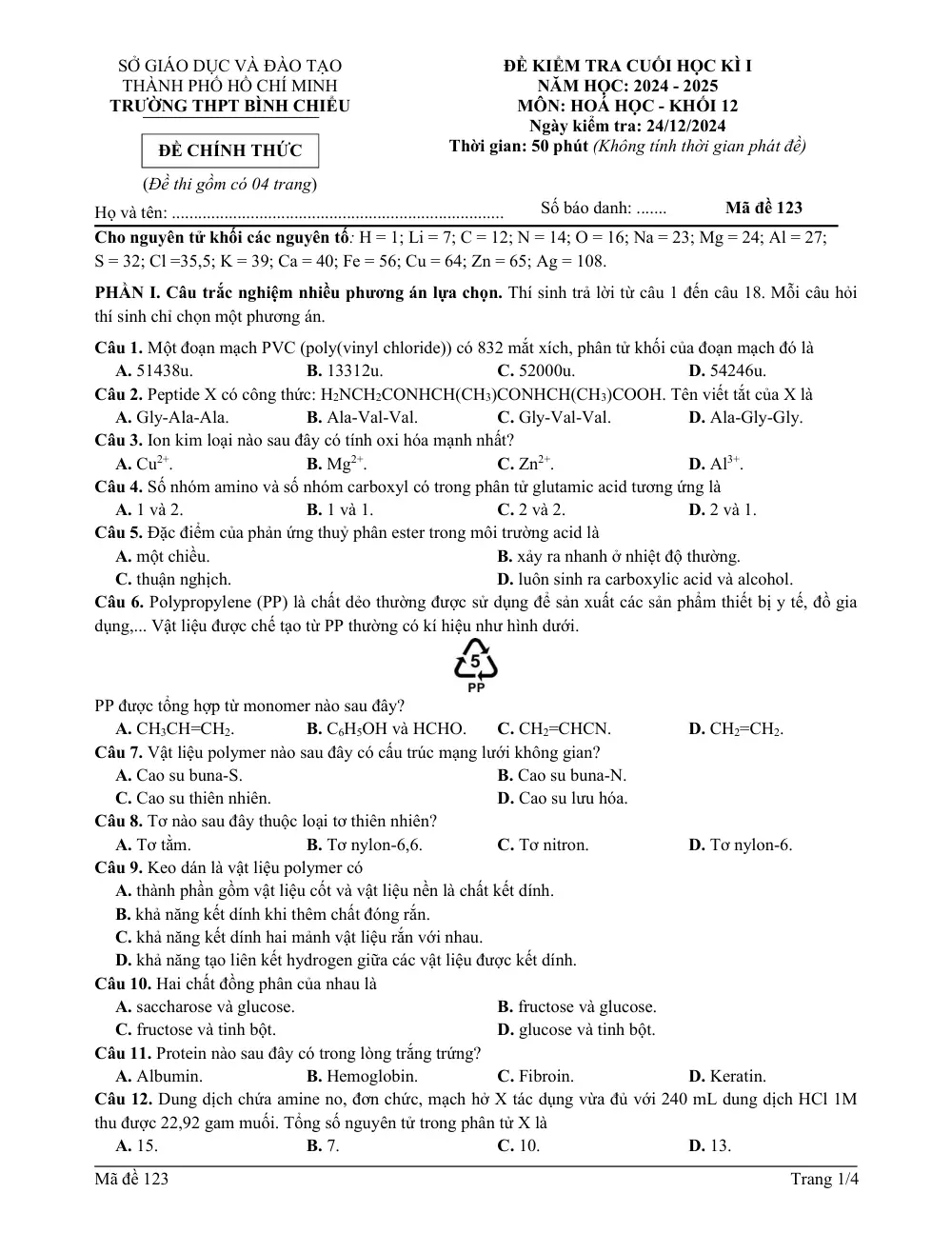 Đề thi Học kì 1 Hóa học 12 năm 2024-2025 trường THPT Bình Chiểu (TP Hồ Chí Minh) - trang 9