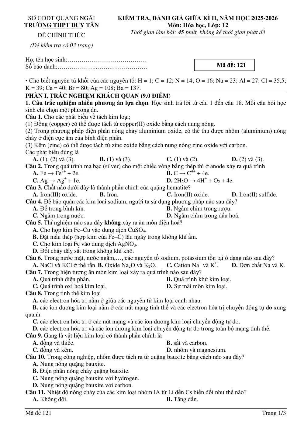 Đề thi Giữa kì 2 Hóa học 12 năm 2025-2026 trường THPT Duy Tân (Quảng Ngãi) - trang 1