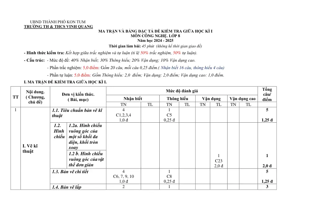 Đề thi Giữa kì 1 Công nghệ 8 năm 2024-2025 trường TH&THCS Vinh Quang (Kon Tum) - trang 1