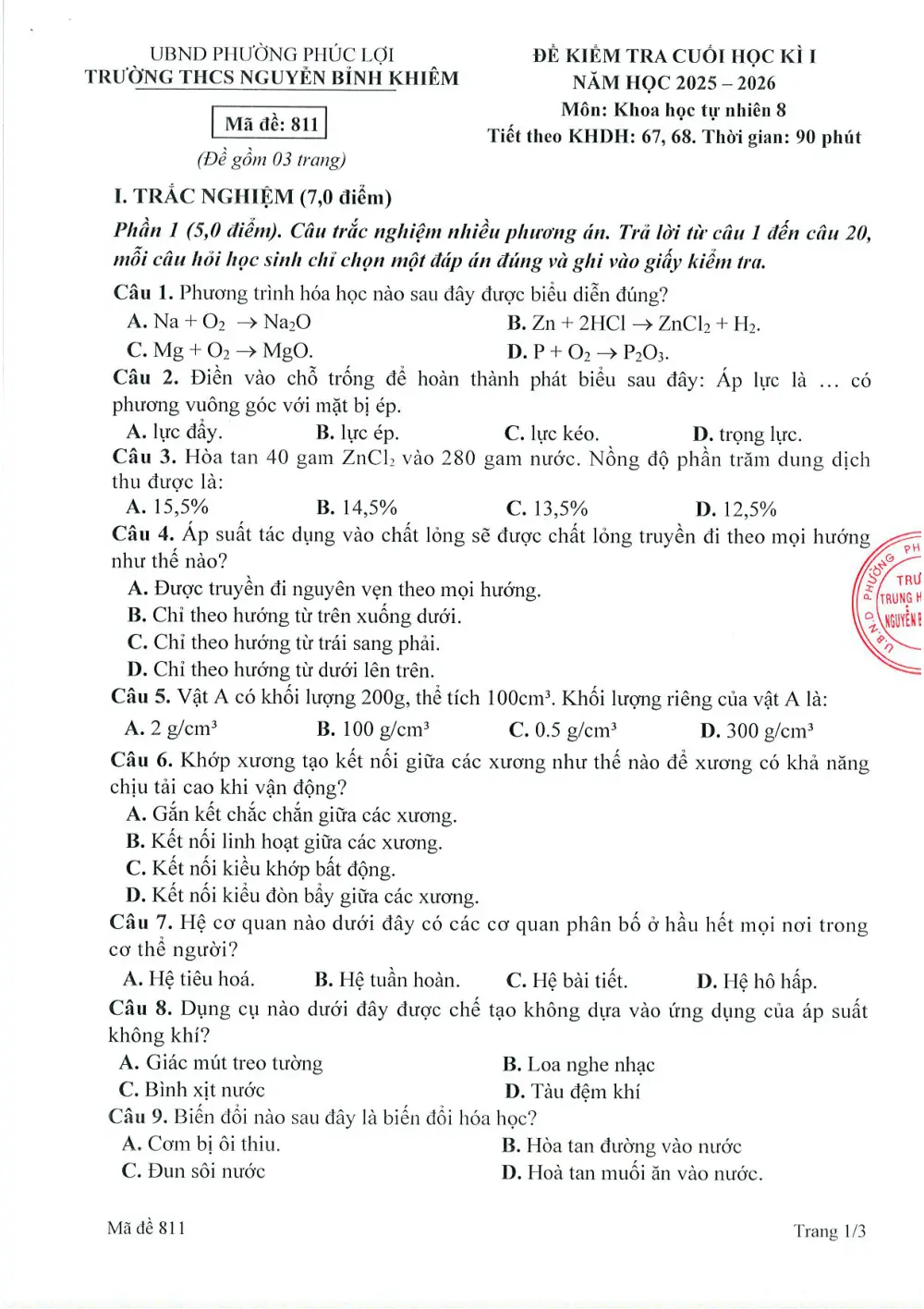 Đề thi Học kì 1 KHTN 8 năm 2025-2026 trường THCS Nguyễn Bỉnh Khiêm (Hà Nội) - trang 1