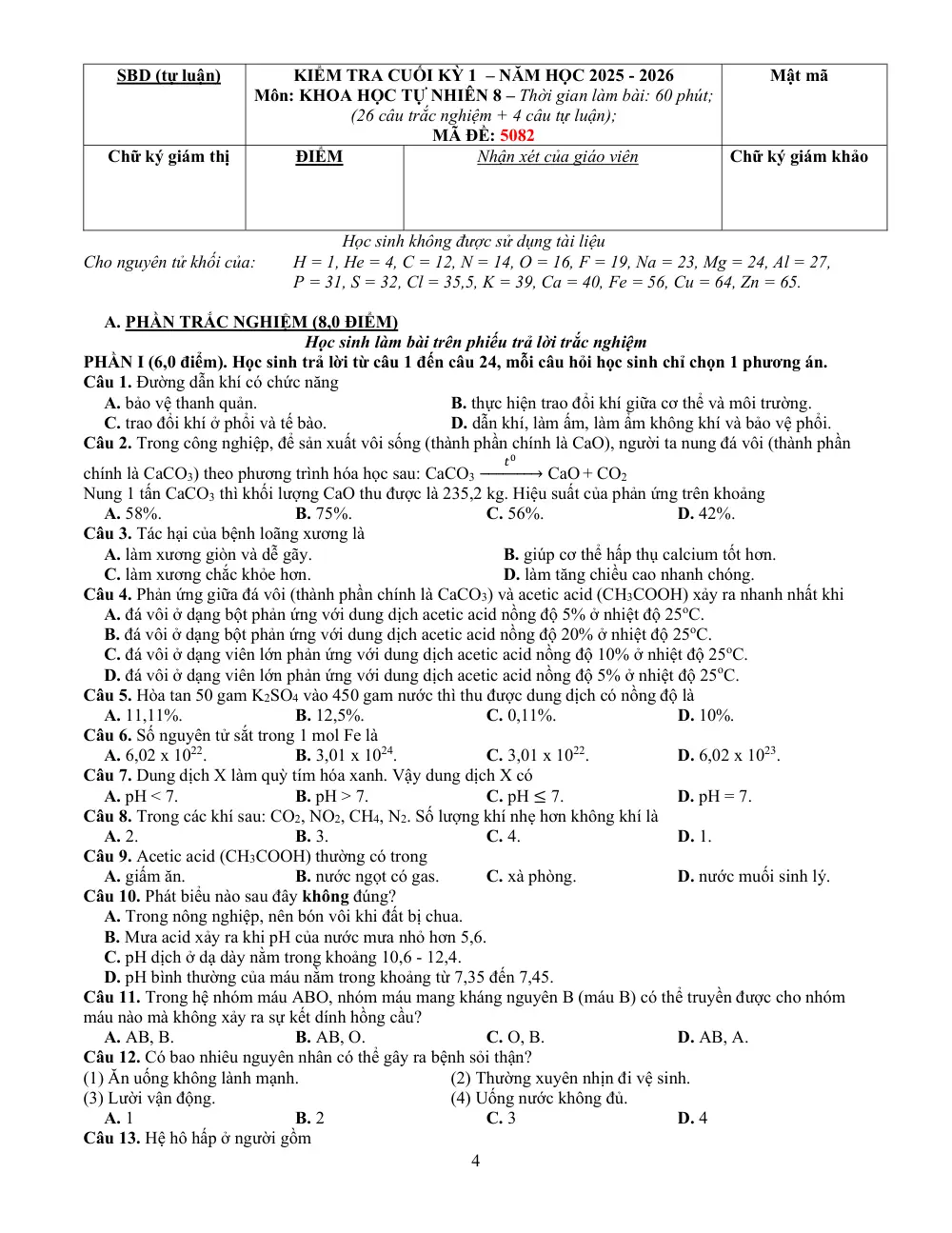 Đề thi Học kì 1 KHTN 8 năm 2025-2026 trường THCS Lương Thế Vinh (TP Hồ Chí Minh) - trang 4