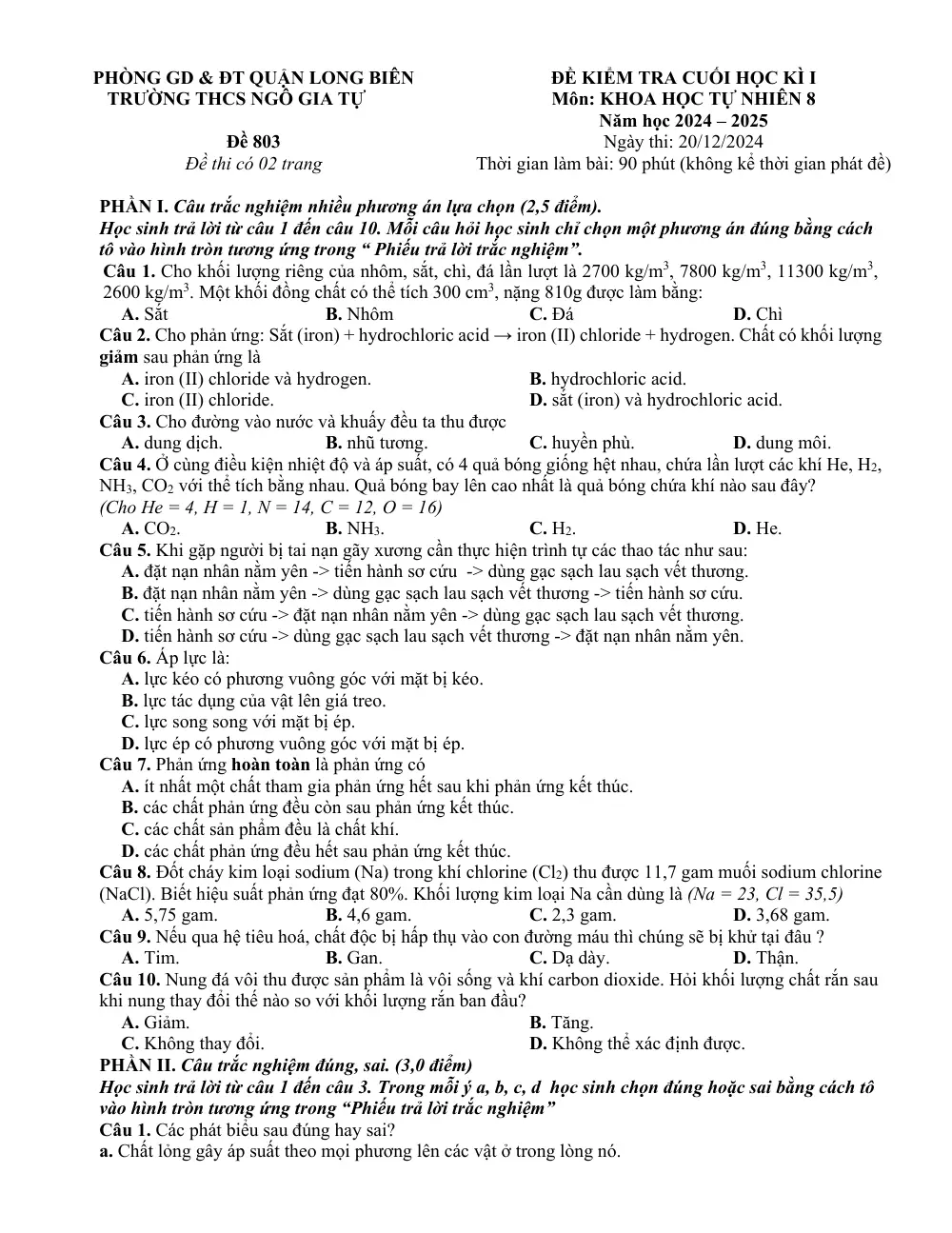 Đề thi Học kì 1 KHTN 8 năm 2024-2025 trường THCS Ngô Gia Tự (Hà Nội) - trang 5