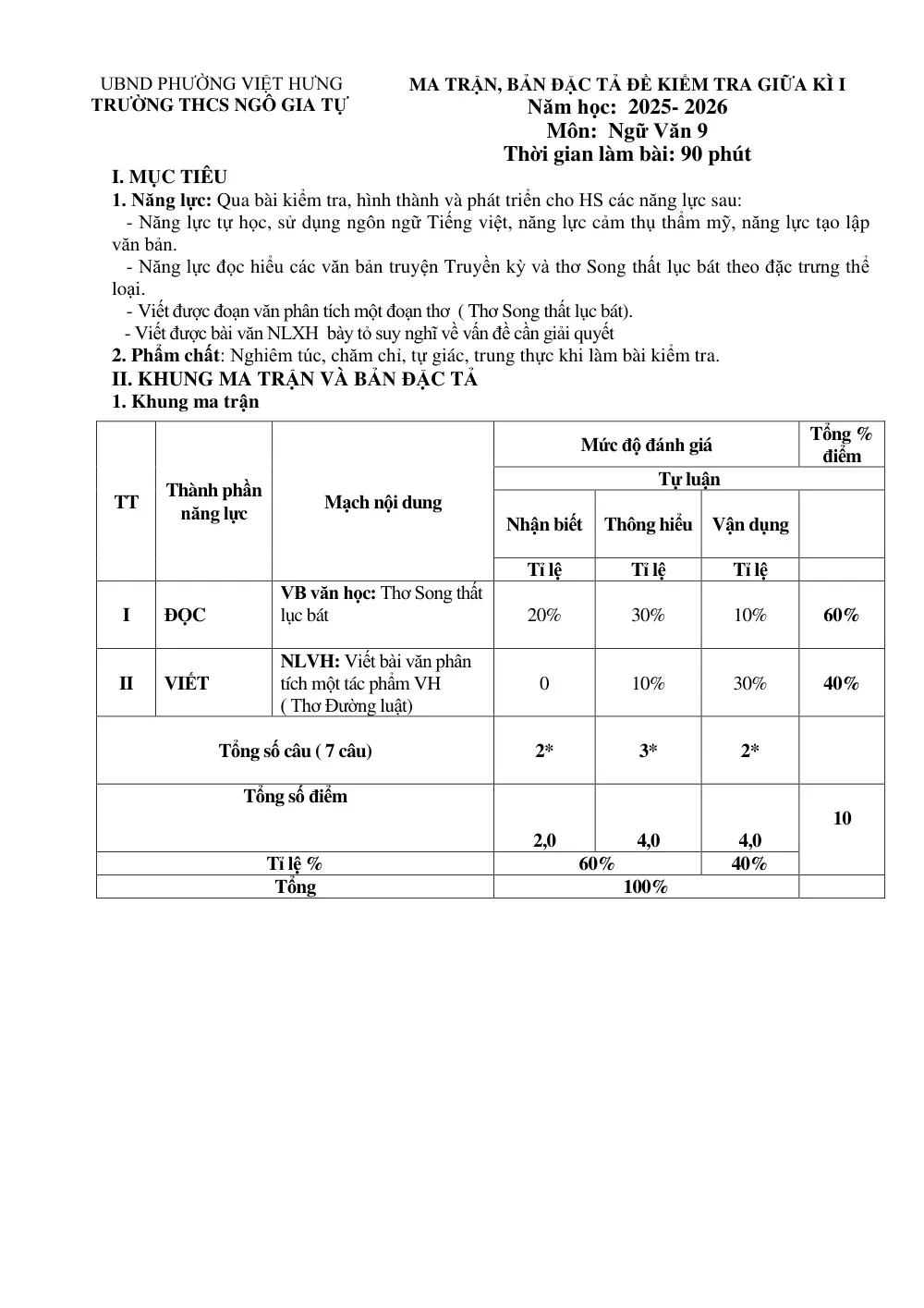 Đề thi Giữa kì 1 Ngữ văn 9 năm 2025-2026 trường THCS Ngô Gia Tự (Hà Nội) - trang 1