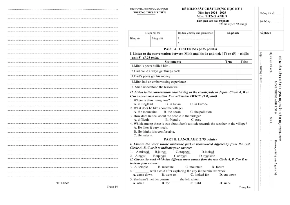 Đề thi Học kì 1 Tiếng Anh 9 năm 2024-2025 trường THCS Mỹ Tiến (Nam Định) - trang 1