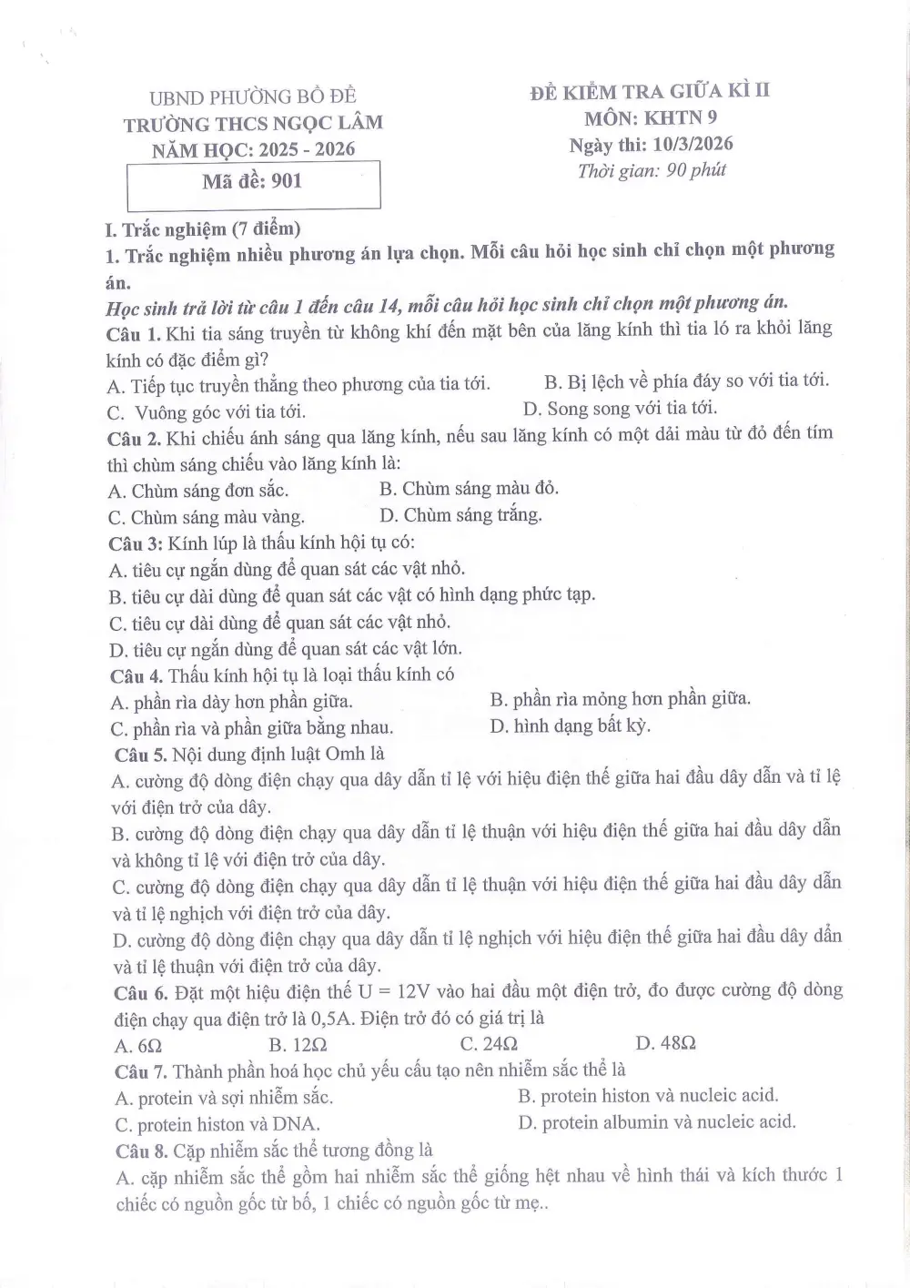 Đề thi Giữa kì 2 KHTN 9 năm 2025-2026 trường THCS Ngọc Lâm (Hà Nội) - trang 1