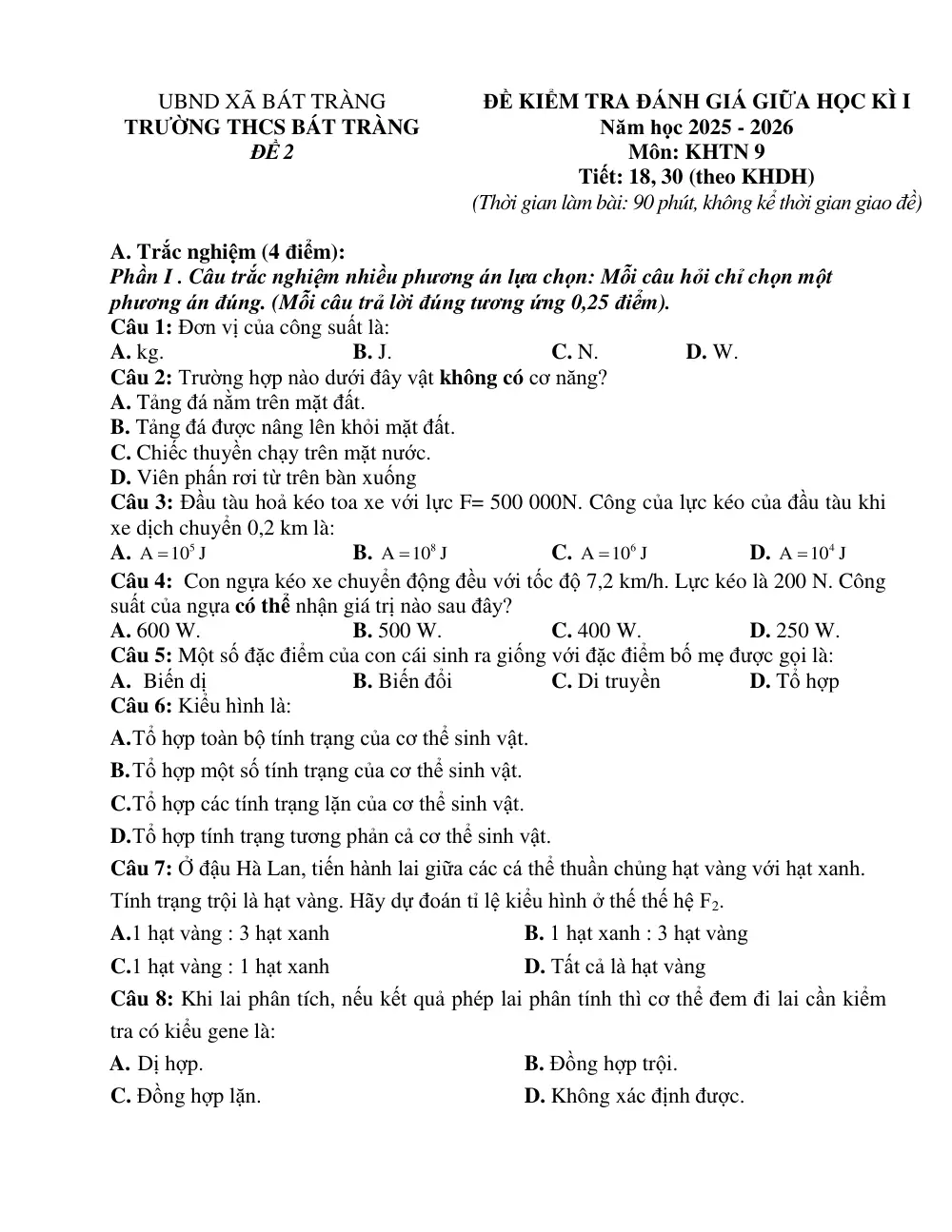 Đề thi Giữa kì 1 KHTN 9 năm 2025-2026 trường THCS Bát Tràng (Hà Nội) - trang 8