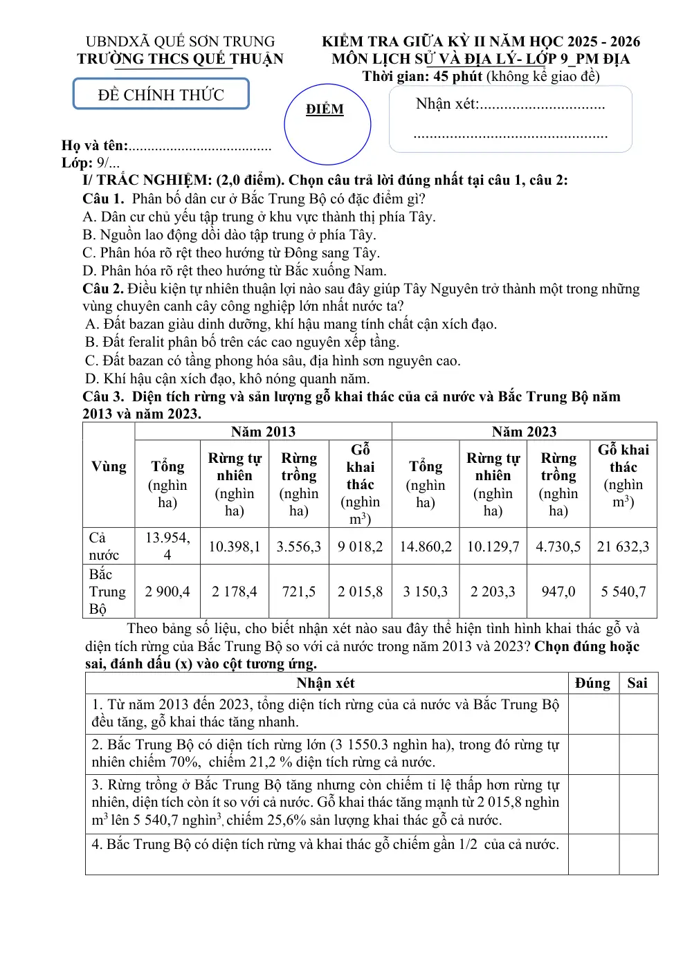 Đề thi Giữa kì 2 Lịch sử và Địa lí 9 năm 2025-2026 trường THCS Quế Thuận (Đà Nẵng) - trang 3