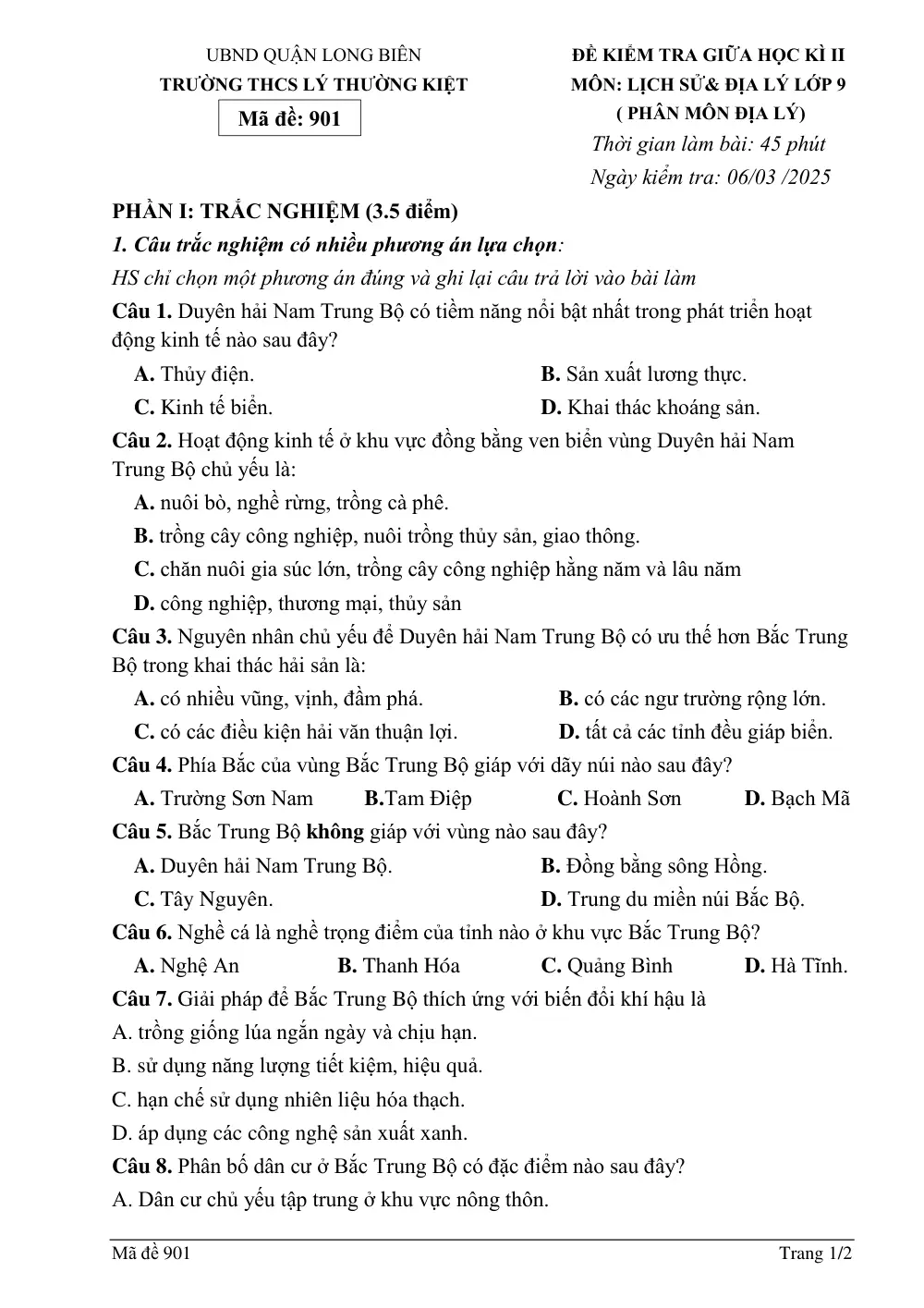 Đề thi Giữa kì 2 Lịch sử và Địa lí 9 năm 2024-2025 trường THCS Lý Thường Kiệt (Hà Nội) - trang 1