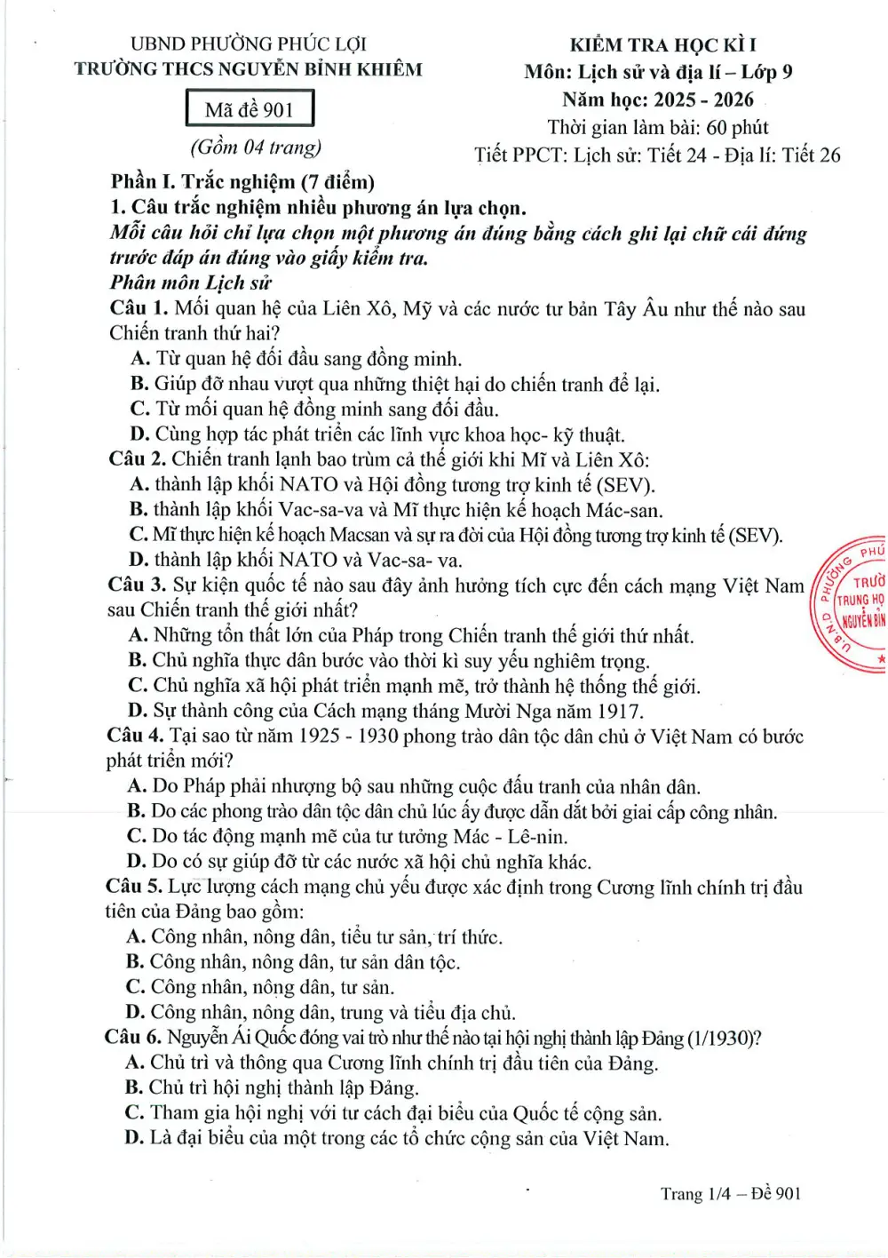 Đề thi Học kì 1 Lịch sử và Địa lí 9 năm 2025-2026 trường THCS Nguyễn Bỉnh Khiêm (Hà Nội) - trang 1