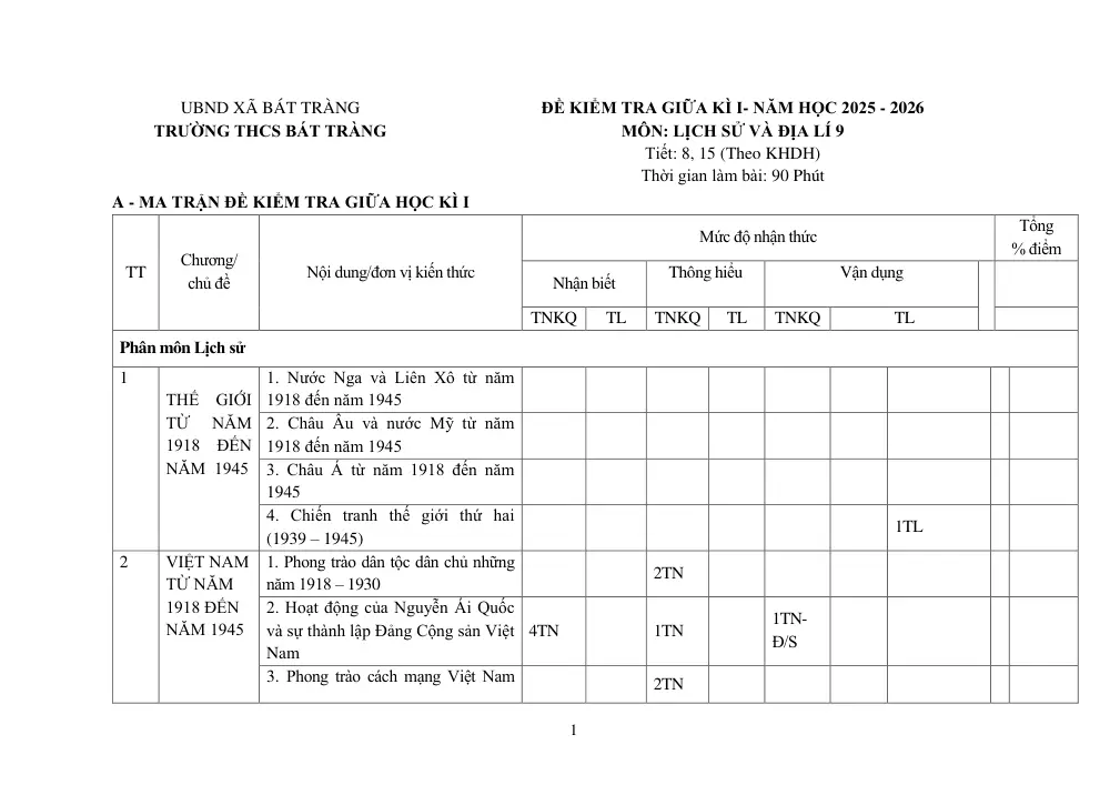 Đề thi Giữa kì 1 Lịch sử và Địa lí 9 năm 2025-2026 trường THCS Bát Tràng (Hà Nội) - trang 1