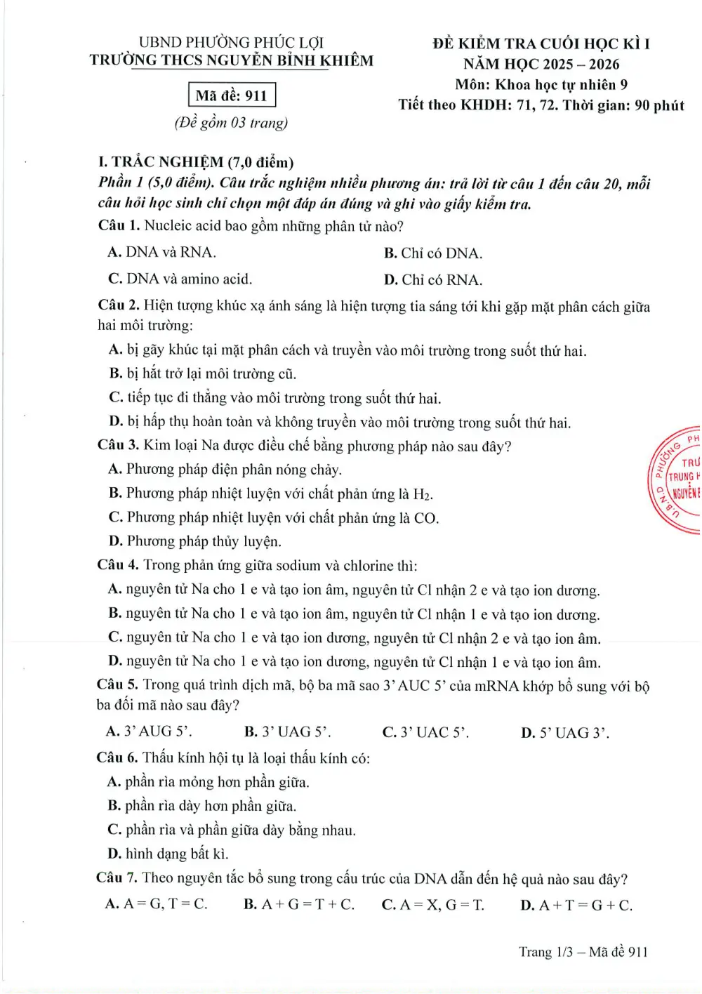 Đề thi Học kì 1 KHTN 9 năm 2025-2026 trường THCS Nguyễn Bỉnh Khiêm (Hà Nội) - trang 1
