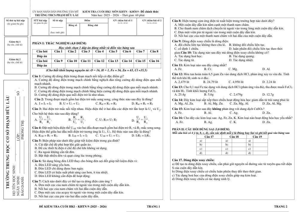 Đề thi Học kì 1 KHTN 9 năm 2025-2026 trường THCS Phạm Hữu Lầu (TP Hồ Chí Minh) - trang 1