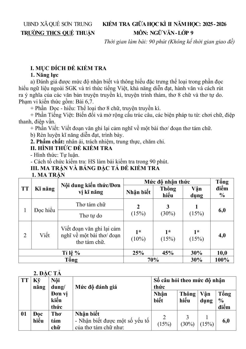 Đề thi Giữa kì 2 Ngữ văn 9 năm 2025-2026 trường THCS Quế Thuận (Đà Nẵng) - trang 1