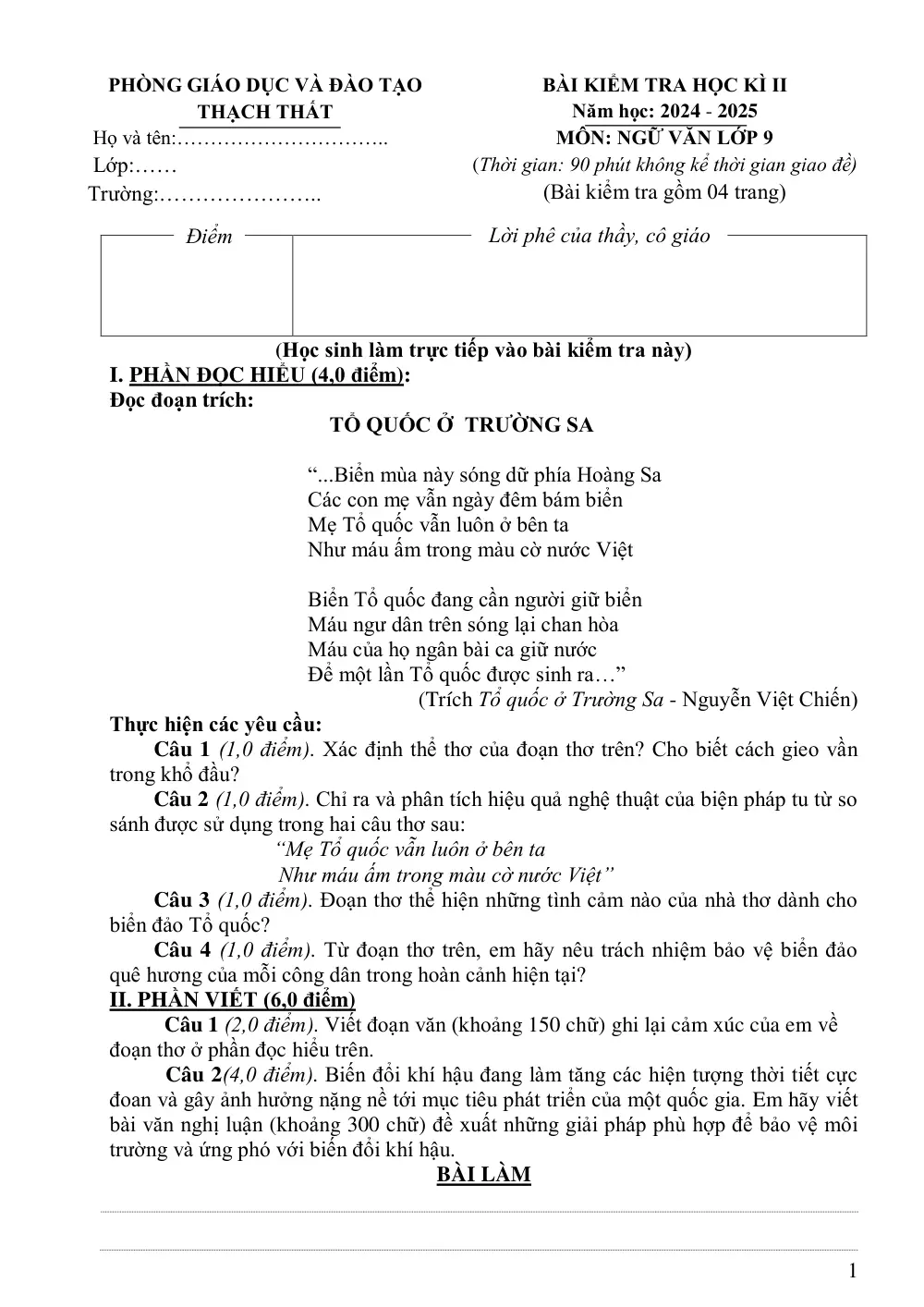 Đề thi Học kì 2 Ngữ văn 9 năm 2024-2025 Phòng GD&ĐT Thạch Thất - trang 1