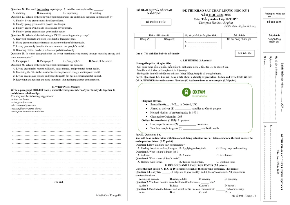 Đề thi Học kì 1 Tiếng Anh 10 năm 2024-2025 Sở Nam Định - trang 4