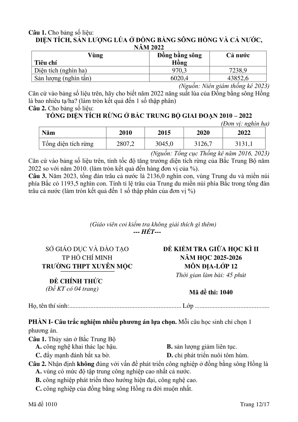 Đề thi Giữa kì 2 Địa lí 12 năm 2025-2026 trường THPT Xuyên Mộc (TP Hồ Chí Minh) - trang 12