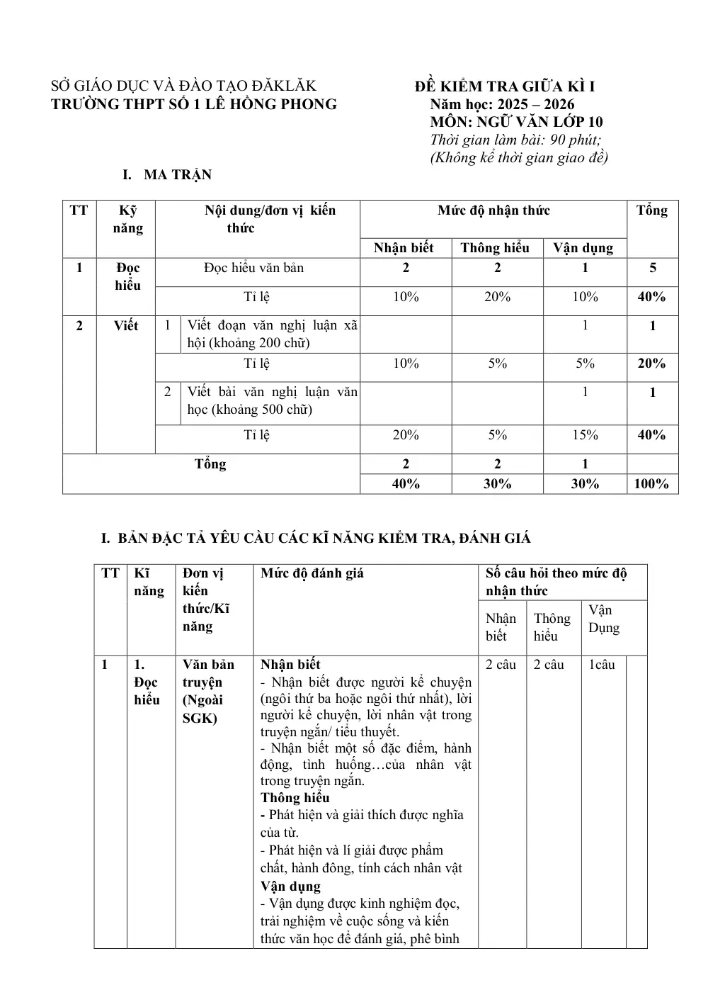 Đề thi Giữa kì 1 Ngữ văn 10 năm 2025-2026 trường THPT Số 1 Lê Hồng Phong (Đắk Lắk) - trang 1