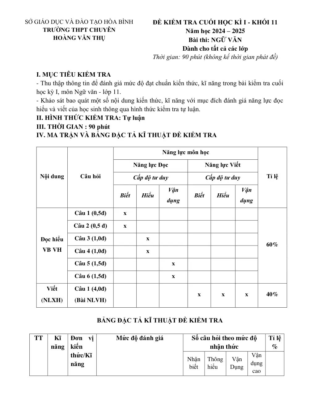 Đề thi Học kì 1 Ngữ văn 11 năm 2024-2025 trường THPT chuyên Hoàng Văn Thụ (Hòa Bình) - trang 1
