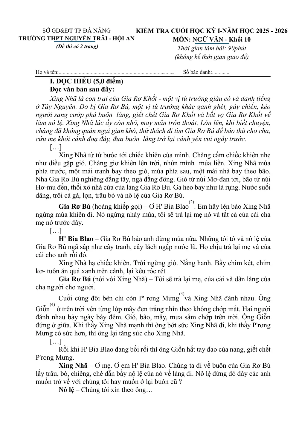 Đề thi Học kì 1 Ngữ văn 10 năm 2025-2026 trường THPT Nguyễn Trãi - Hội An (Đà Nẵng) - trang 1