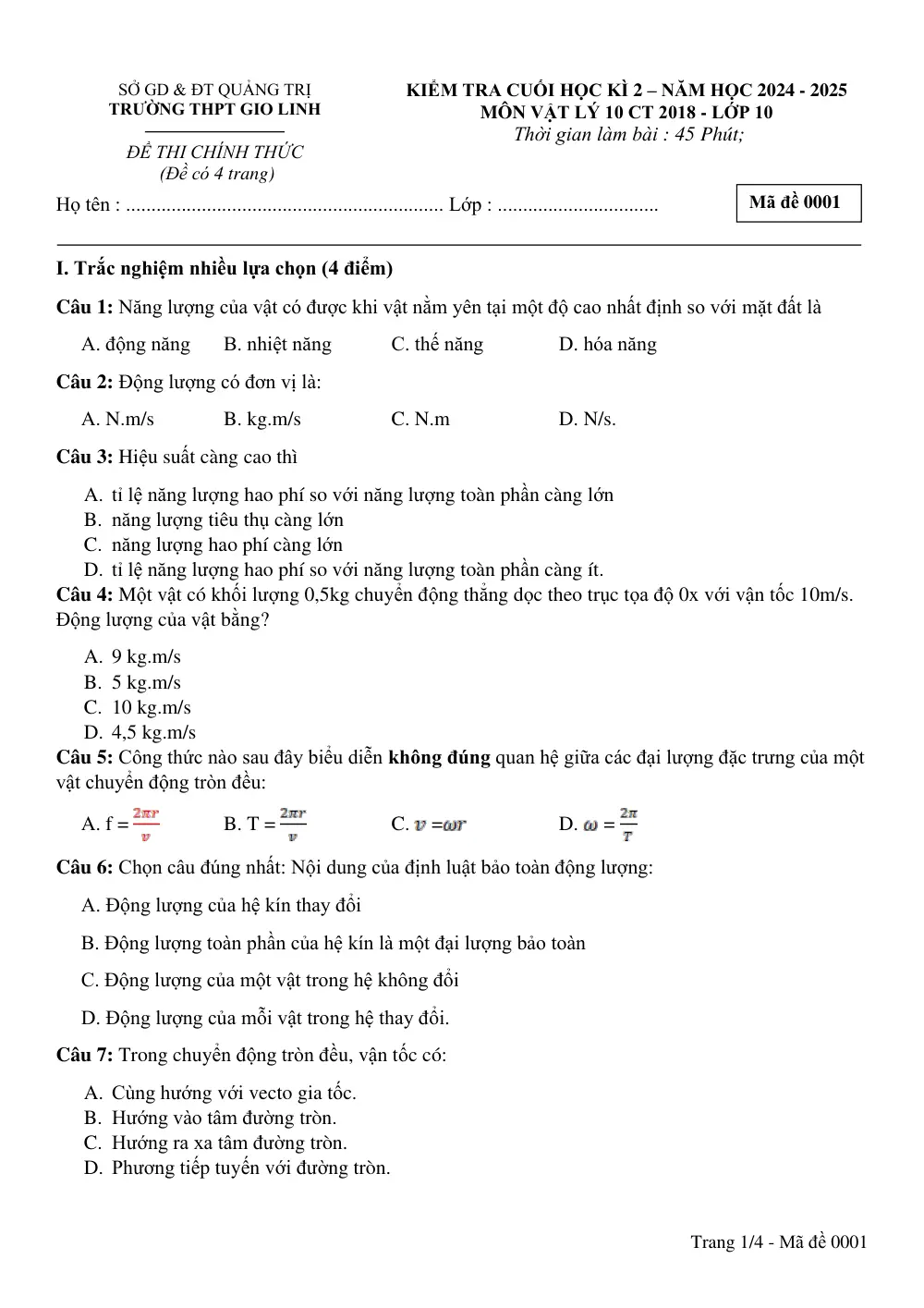 Đề thi Học kì 2 Vật lí 10 năm 2024-2025 trường THPT Gio Linh (Quảng Trị) - trang 1