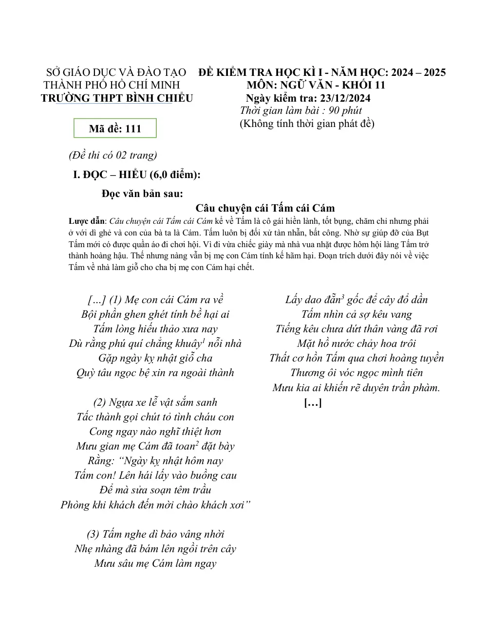 Đề thi Học kì 1 Ngữ văn 11 năm 2024-2025 trường THPT Bình Chiểu (TP Hồ Chí Minh) - trang 1