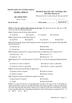 Trang đầu Đề thi Giữa kì 1 Hóa học 10 năm 2025-2026 trường THPT số 1 Lê Hồng Phong (Đắk Lắk)