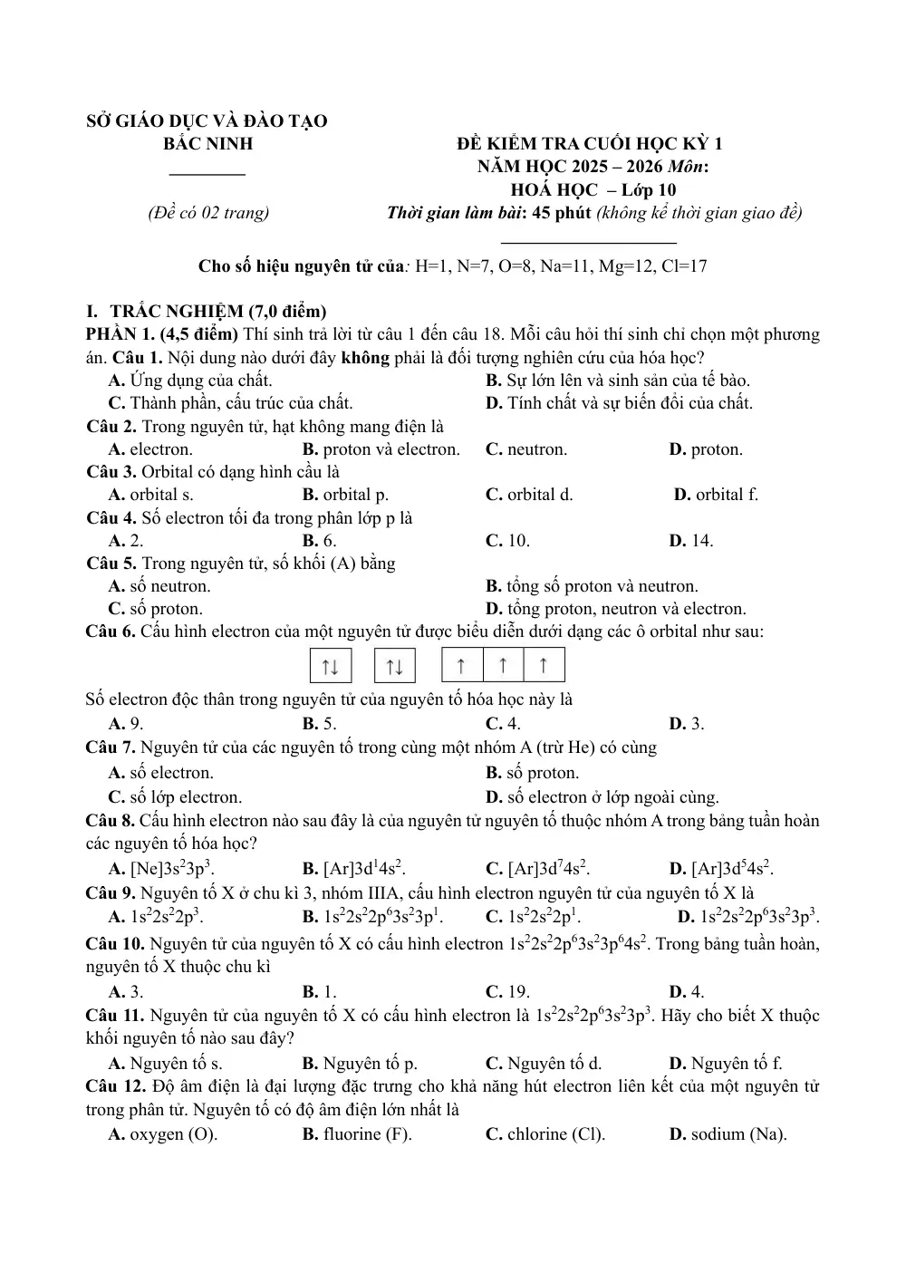 Đề thi Học kì 1 Hóa học 10 năm 2025-2026 Sở Bắc Ninh - trang 1