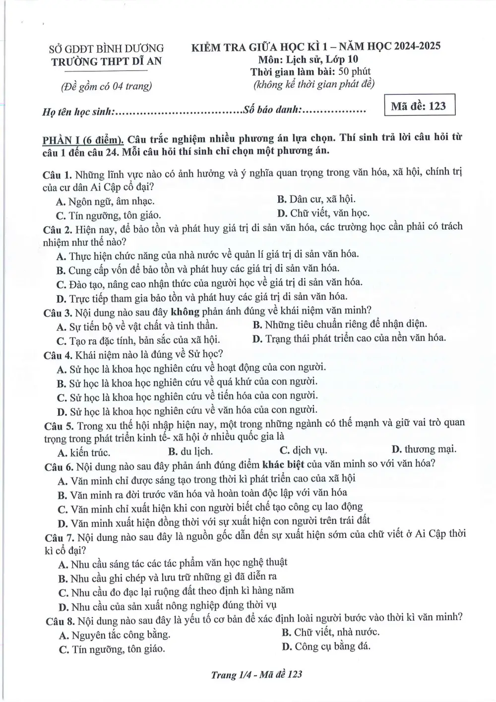 Đề thi Giữa kì 1 Lịch sử 10 năm 2024-2025 trường THPT Dĩ An (Bình Dương) - trang 1