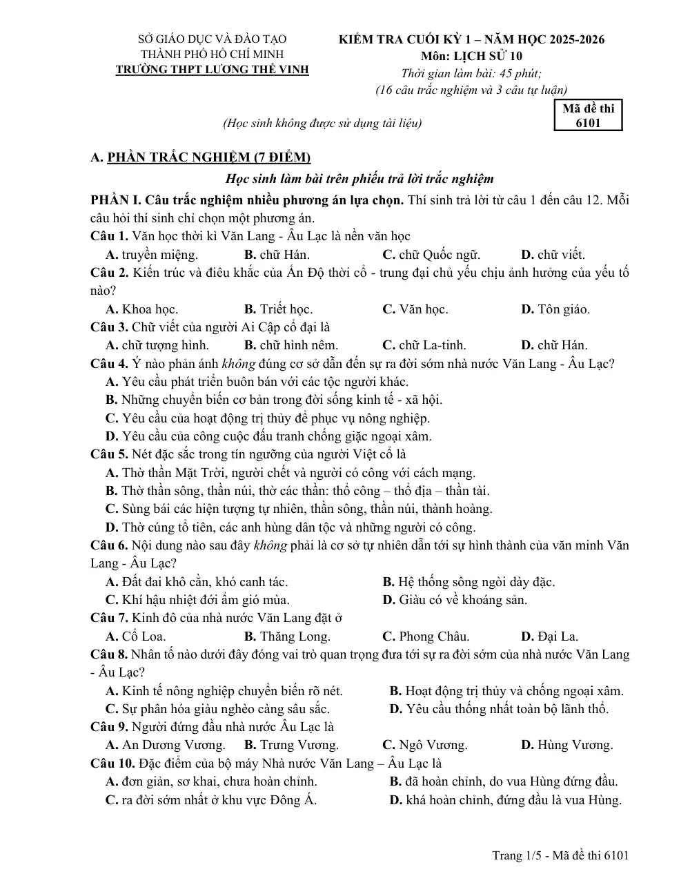 Đề thi Học kì 1 Lịch sử 10 năm 2025-2026 trường THPT Lương Thế Vinh (TP Hồ Chí Minh) - trang 1