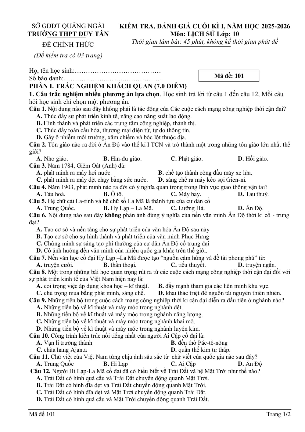 Đề thi Học kì 1 Lịch sử 10 năm 2025-2026 trường THPT Duy Tân (Quảng Ngãi) - trang 1