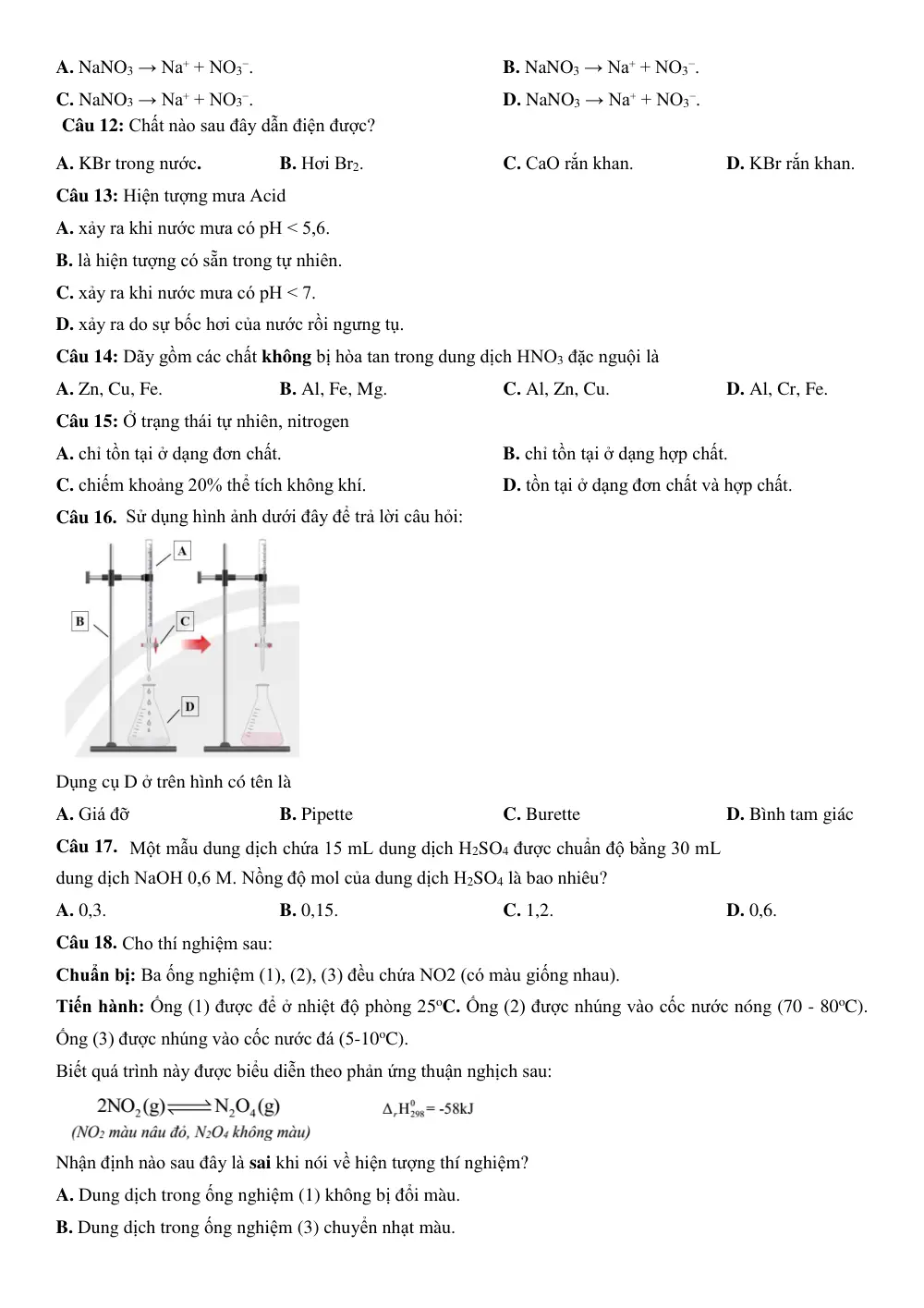 Đề thi Giữa kì 1 Hóa học 11 năm 2024-2025 trường THPT Đông Anh (Hà Nội) - trang 2