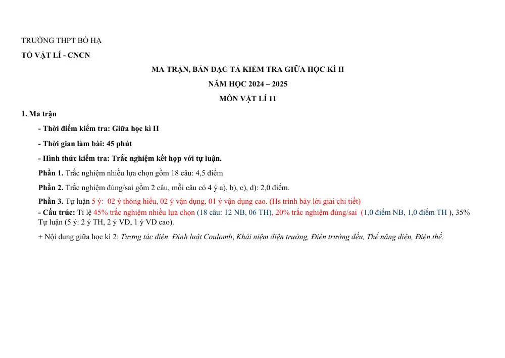 Đề thi Giữa kì 2 Vật lí 11 năm 2024-2025 trường THPT Bố Hạ (Bắc Giang) - trang 7