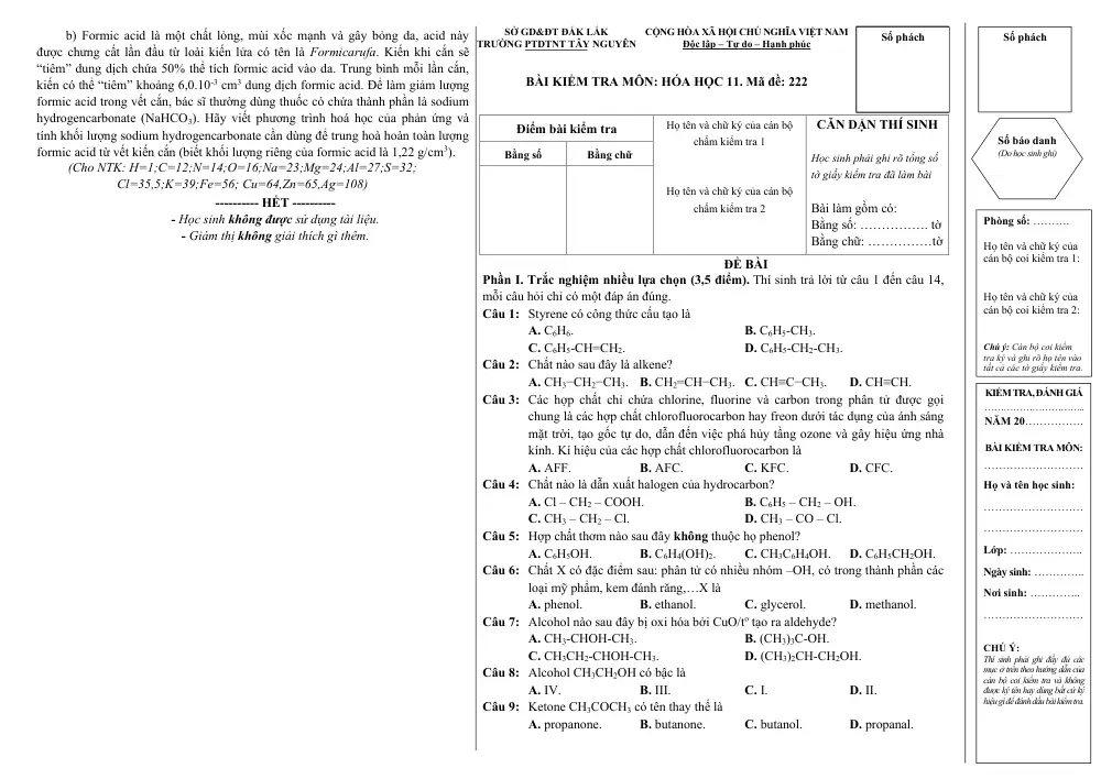 Đề thi Học kì 2 Hóa học 11 năm 2024-2025 trường PTDTNT Tây Nguyên (Đắk Lắk) - trang 1