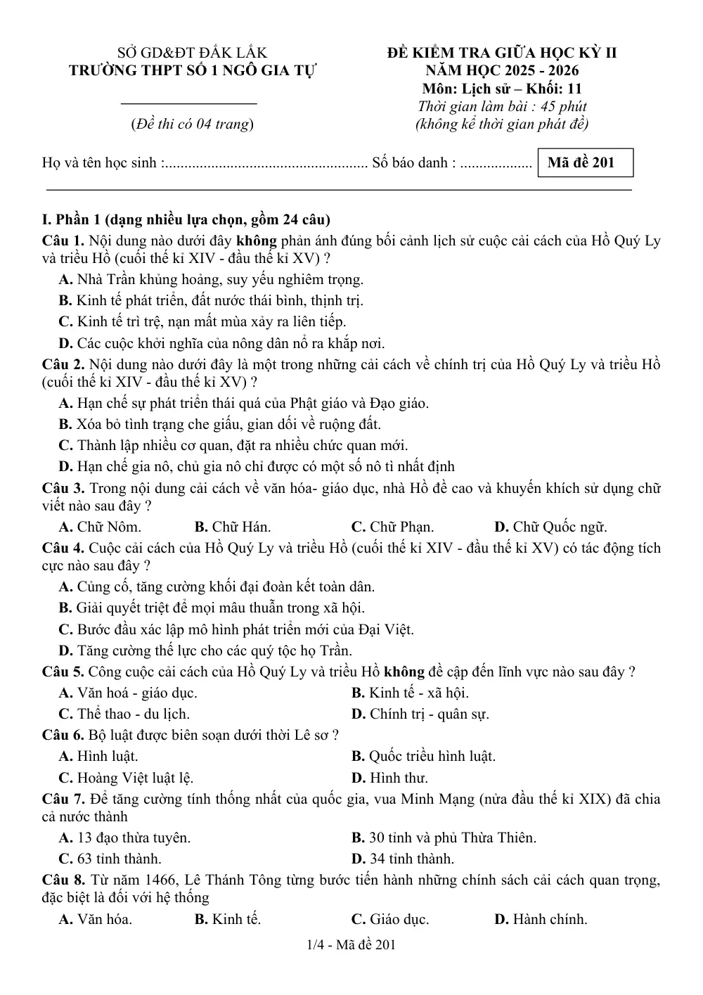 Đề thi Giữa kì 2 Lịch sử 11 năm 2025-2026 trường THPT số 1 Ngô Gia Tự (Đắk Lắk) - trang 1