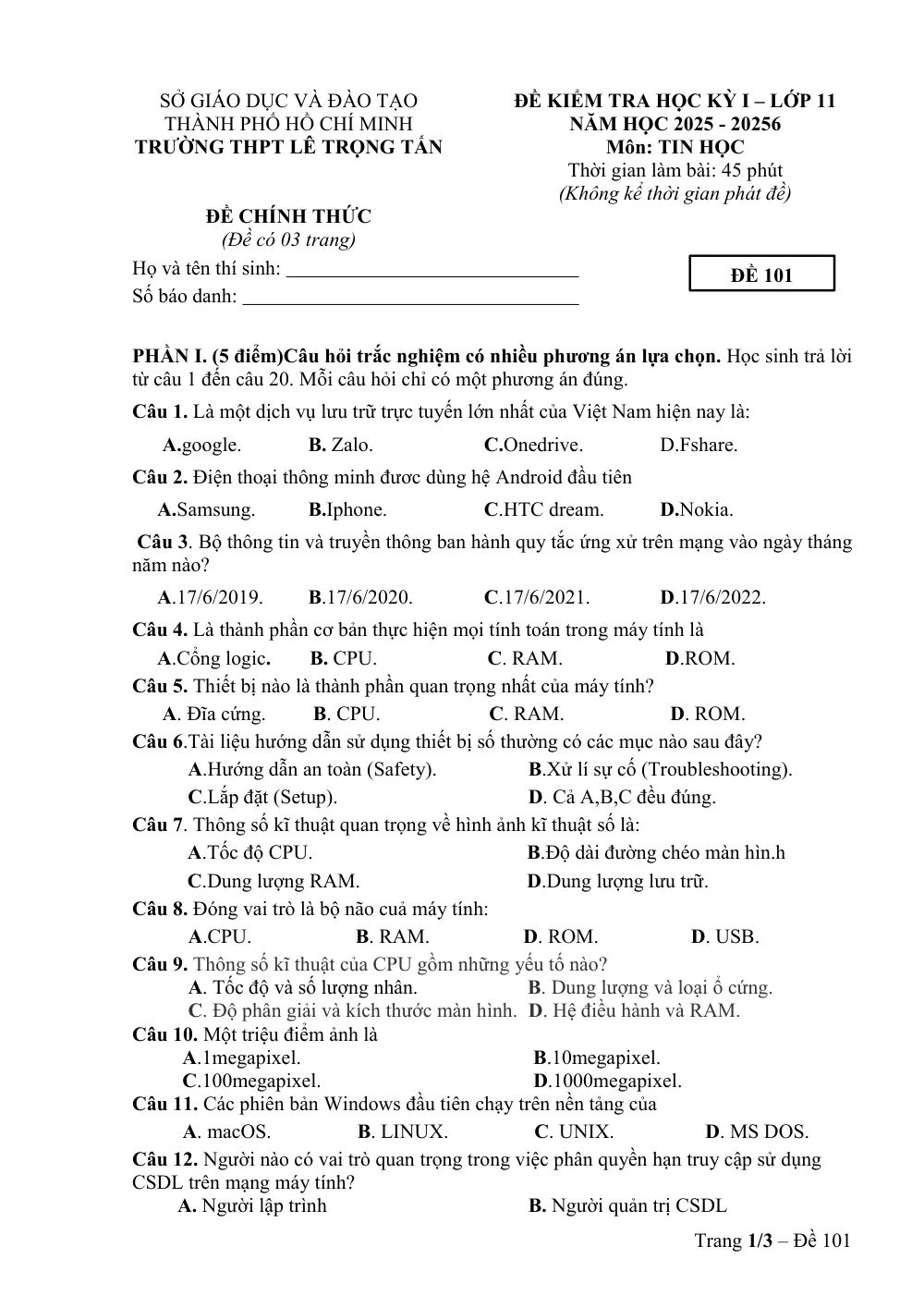 Đề thi Học kì 1 Tin học 11 năm 2025-2026 trường THPT Lê Trọng Tấn (TP Hồ Chí Minh) - trang 1