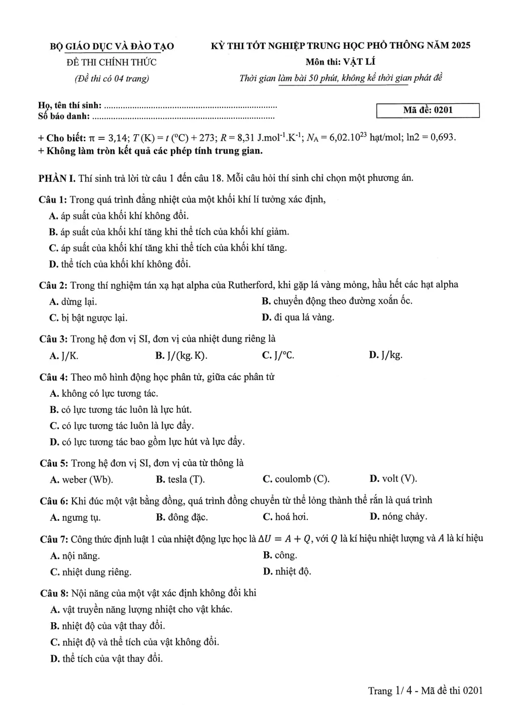 Đề chính thức Vật lí năm 2025 Tốt nghiệp THPT (Mã đề 0201) - trang 1