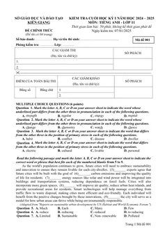 Trang đầu Đề thi Học kì 1 Tiếng Anh 11 năm 2024-2025 Sở Kiên Giang