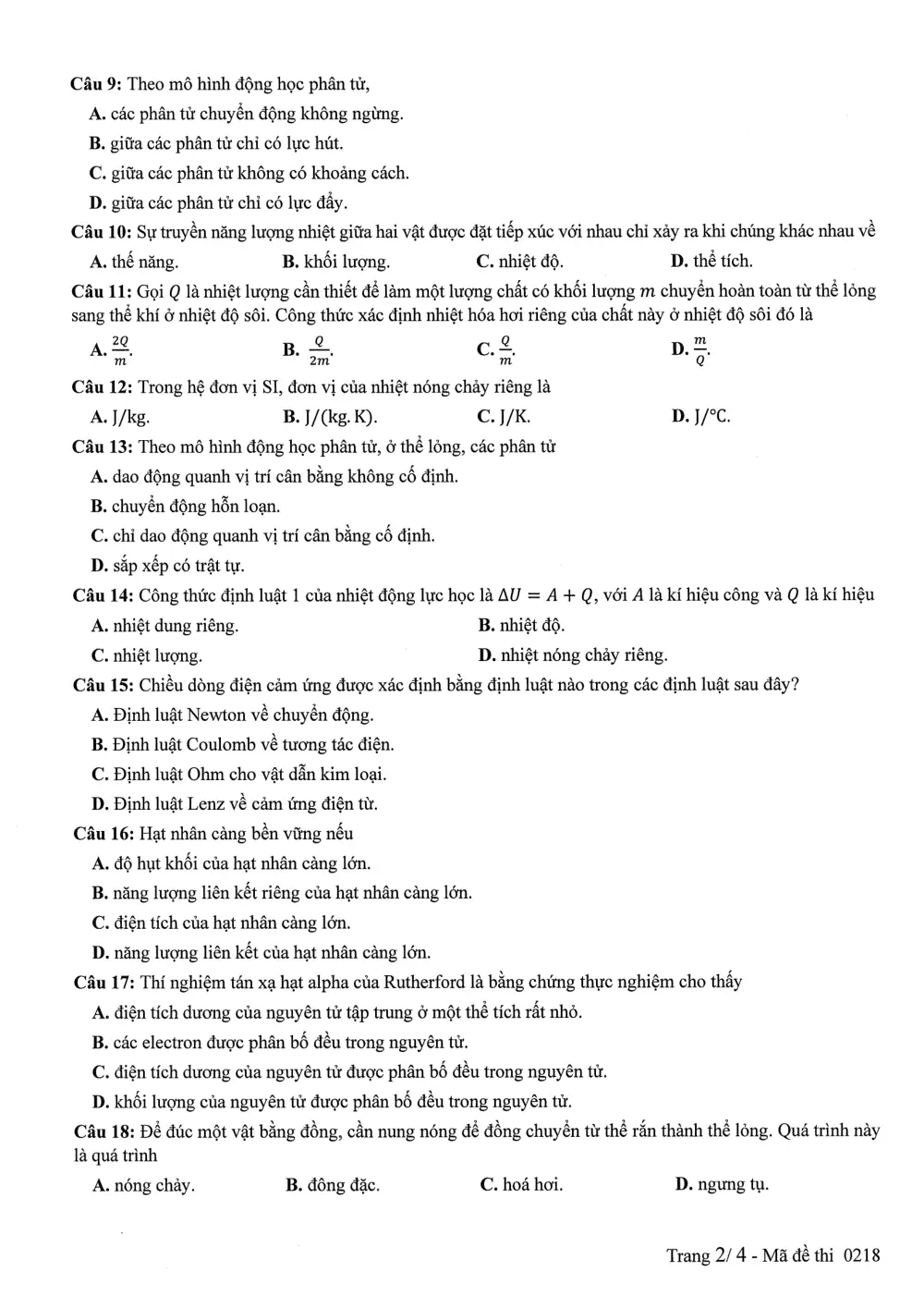 Đề chính thức Vật lí năm 2025 Tốt nghiệp THPT (Mã đề 0218) - trang 2